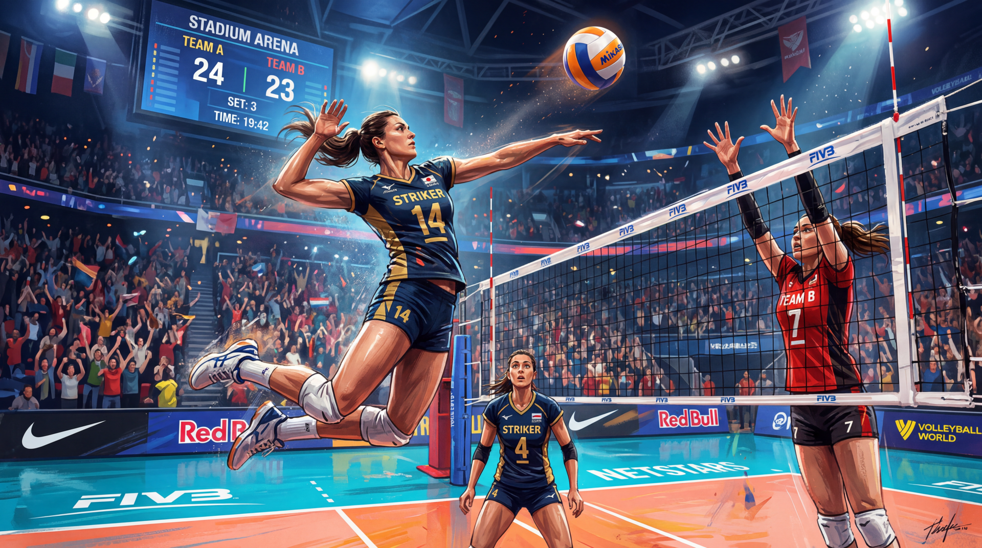 5K Ultra HD PC Desktop Wallpaper and Background: action volleyball scene in a packed arena — a spiker mid-air attacking over blockers, scoreboard 24–23, bright lights and roaring crowd.