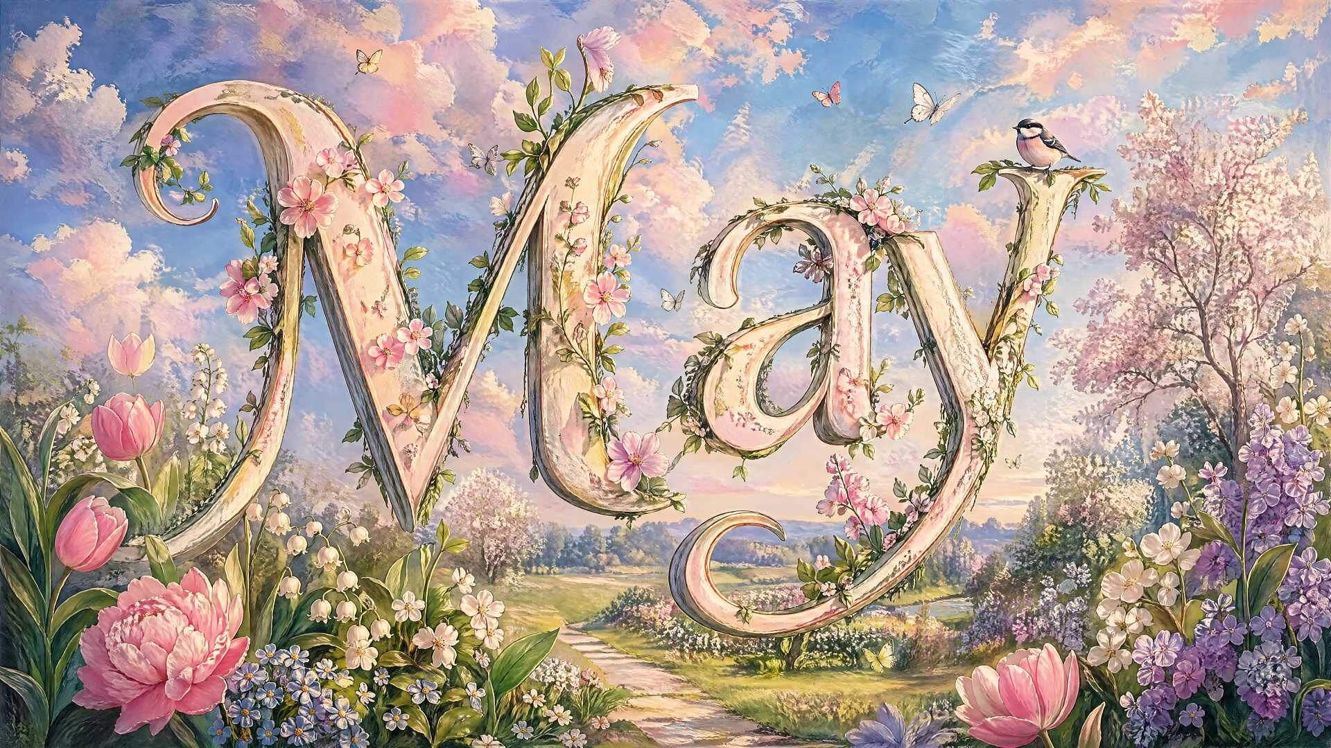 May-themed 4K Ultra HD PC desktop wallpaper and background: ornate floral letters spelling May in a pastel spring garden with blossoms, birds, butterflies and a winding path.