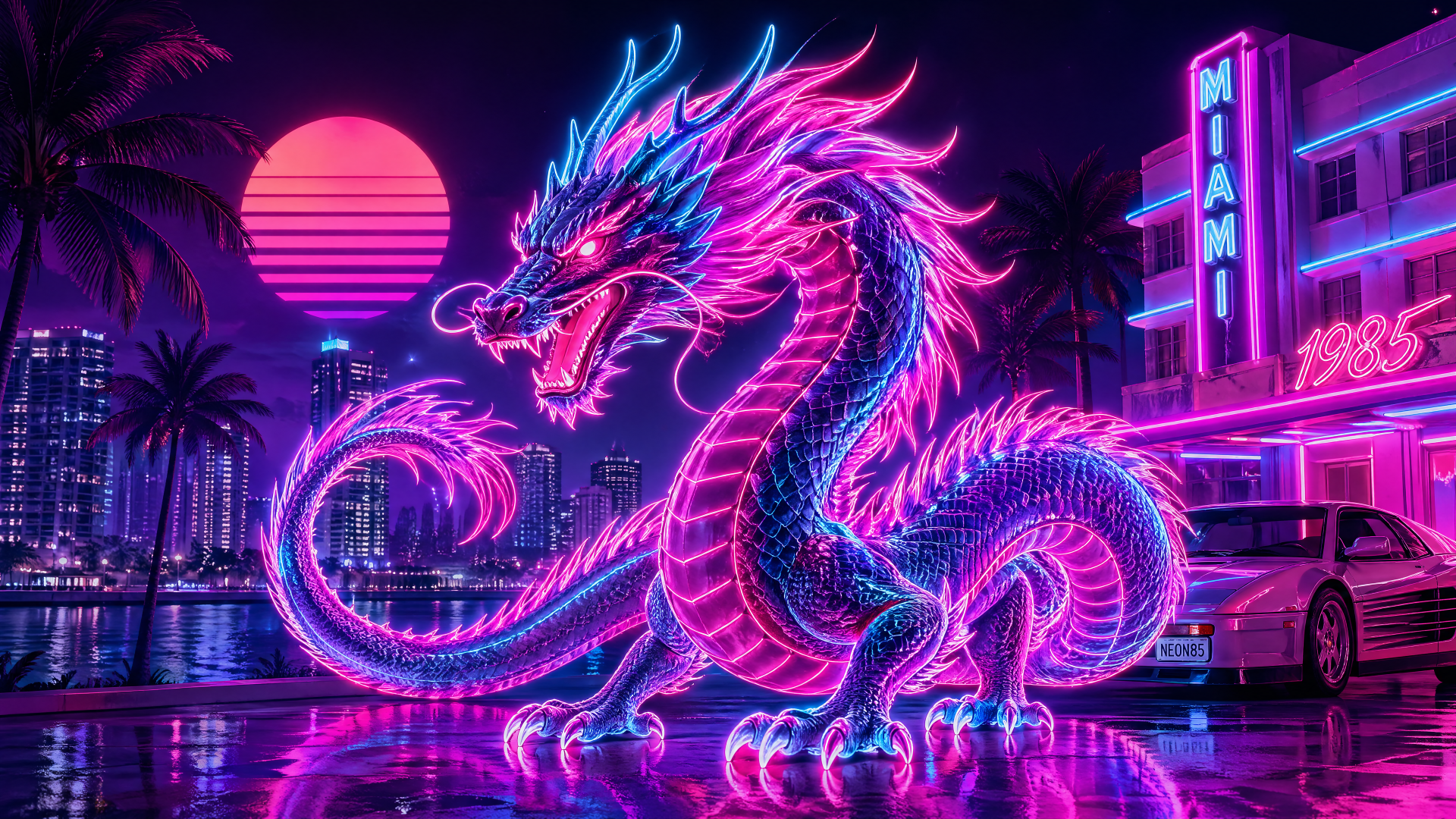 4K Ultra HD PC desktop wallpaper of a neon pink-and-blue dragon coiled on a reflective street beneath a retro Miami-style neon skyline.