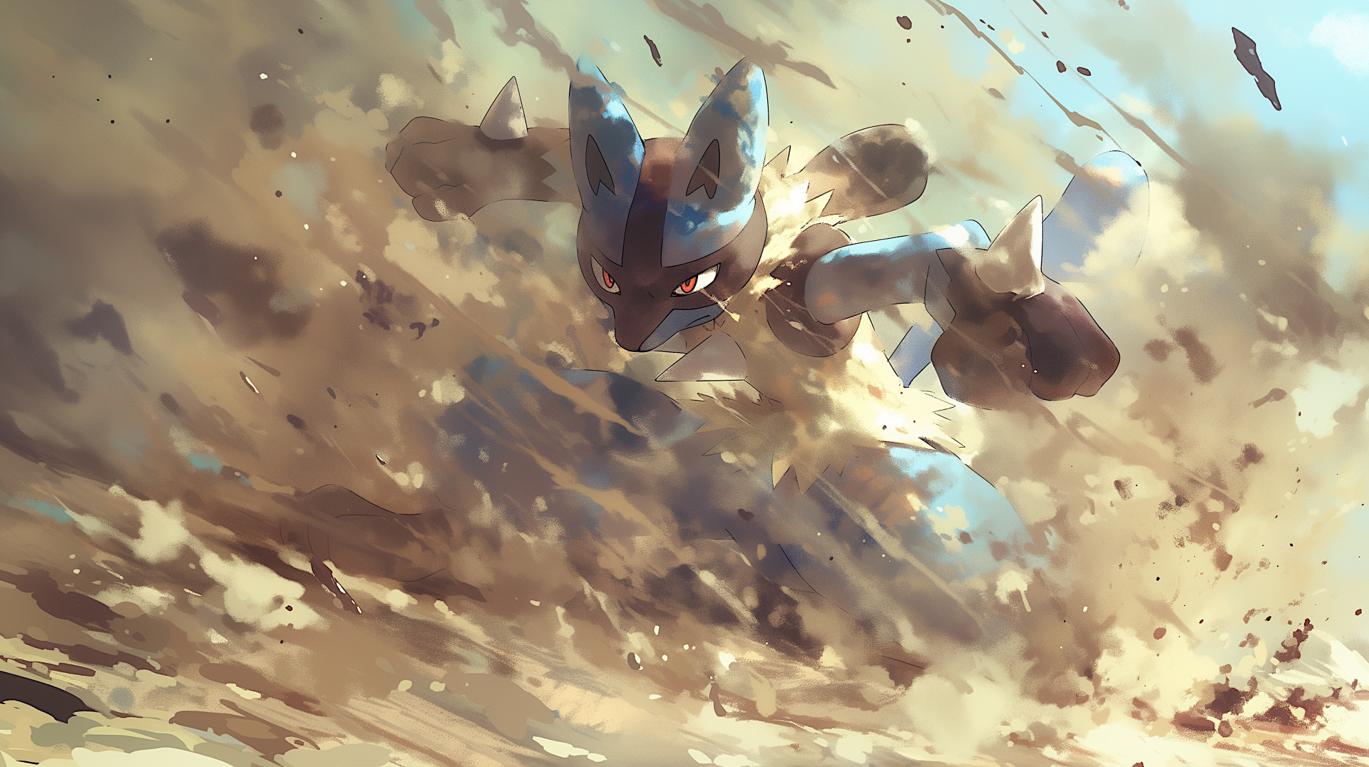 2K Quad HD PC desktop wallpaper of Lucario (Pokémon) in an anime battle, charging through dust and debris with a glowing aura — action-packed Pokémon background.