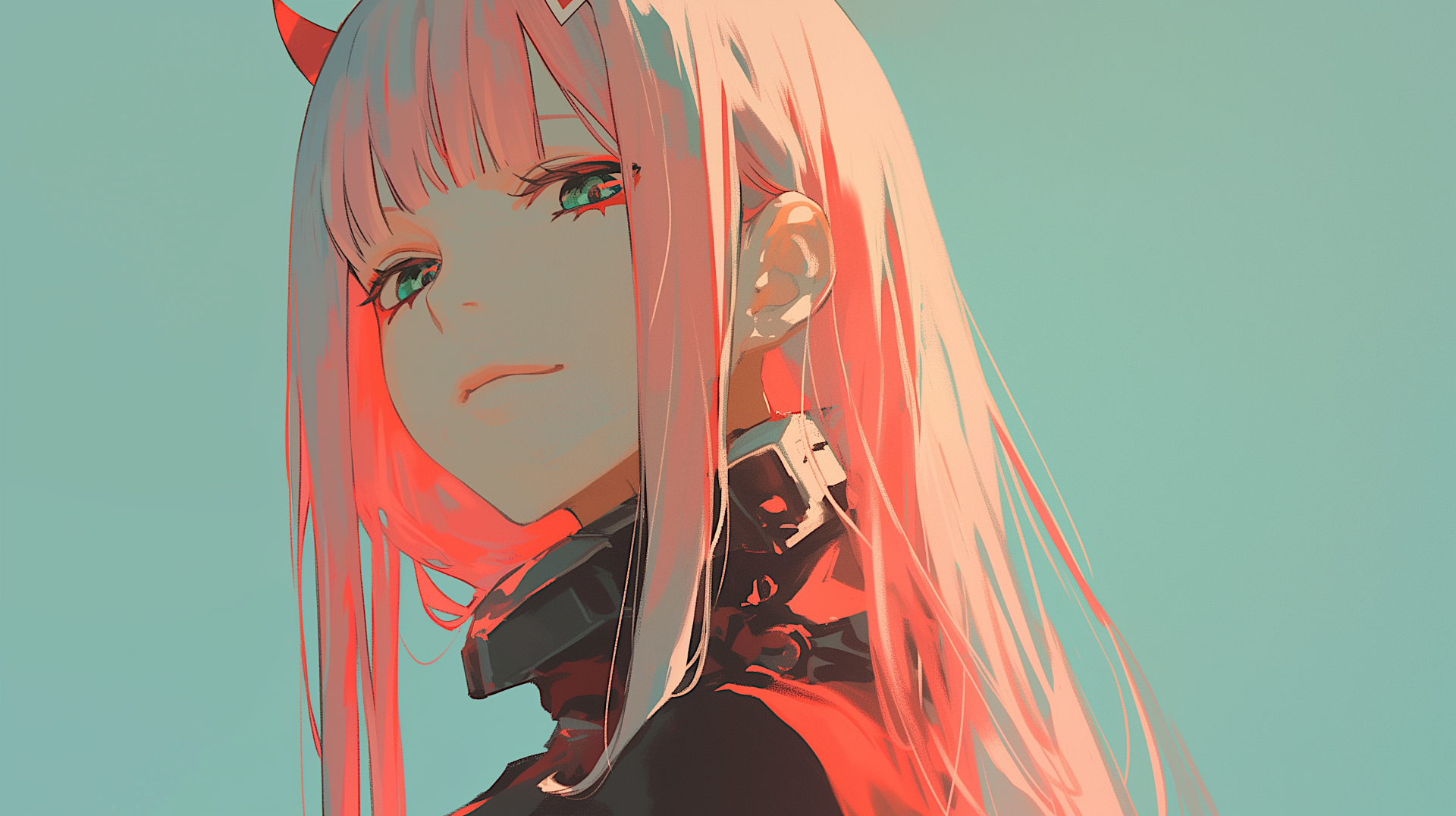 Zero Two (Darling in the FranXX) close-up anime portrait with long pink hair and horns against a pastel teal backdrop — aesthetic 2K Quad HD PC desktop wallpaper.