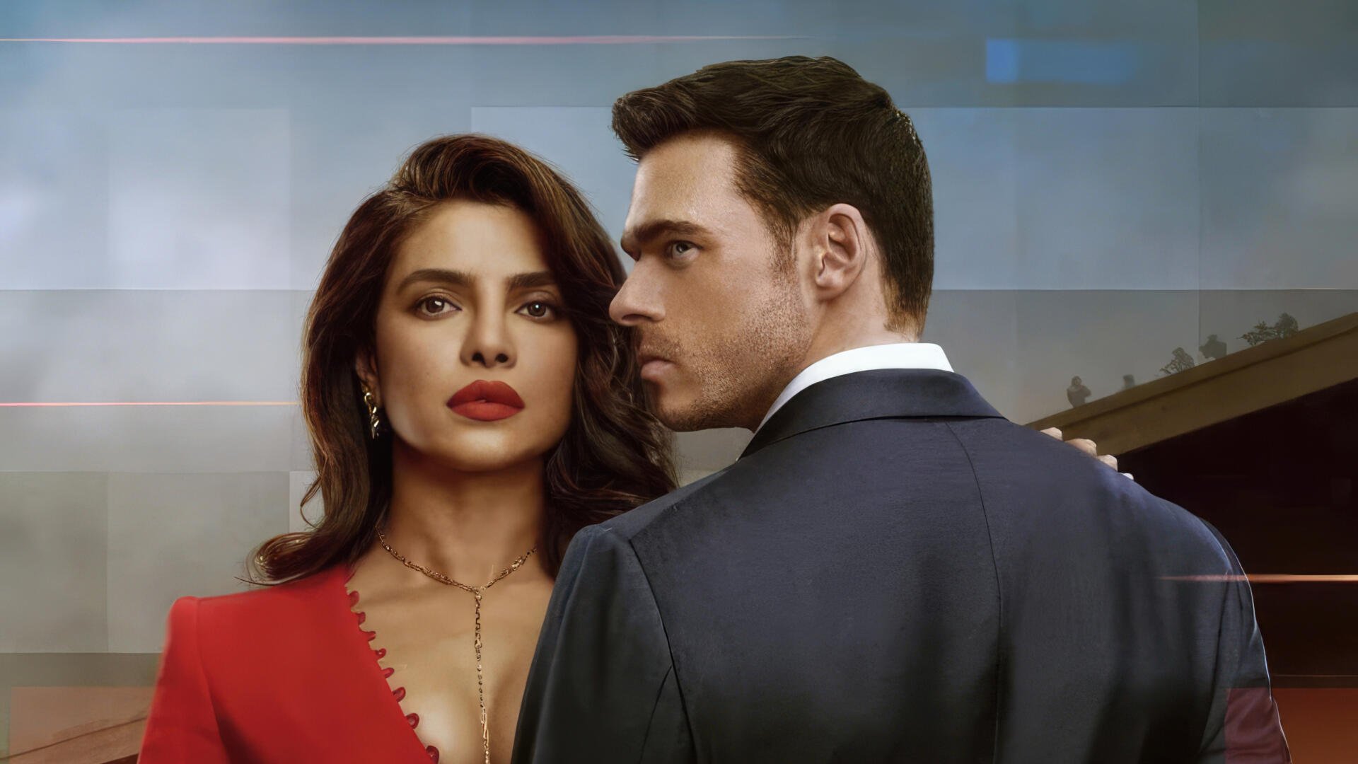 4K Ultra HD PC wallpaper: Citadel TV show promo with two lead actors posed back-to-back in cinematic, moody lighting.