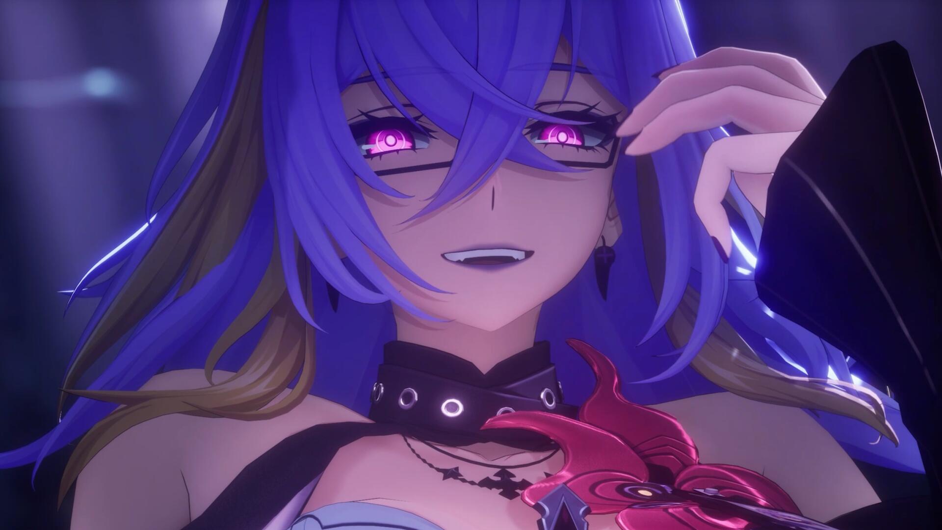 HD PC desktop wallpaper: purple-haired video game girl from Neverness to Everness, smirking with glowing magenta eyes, ornate choker and neon-lit backdrop.