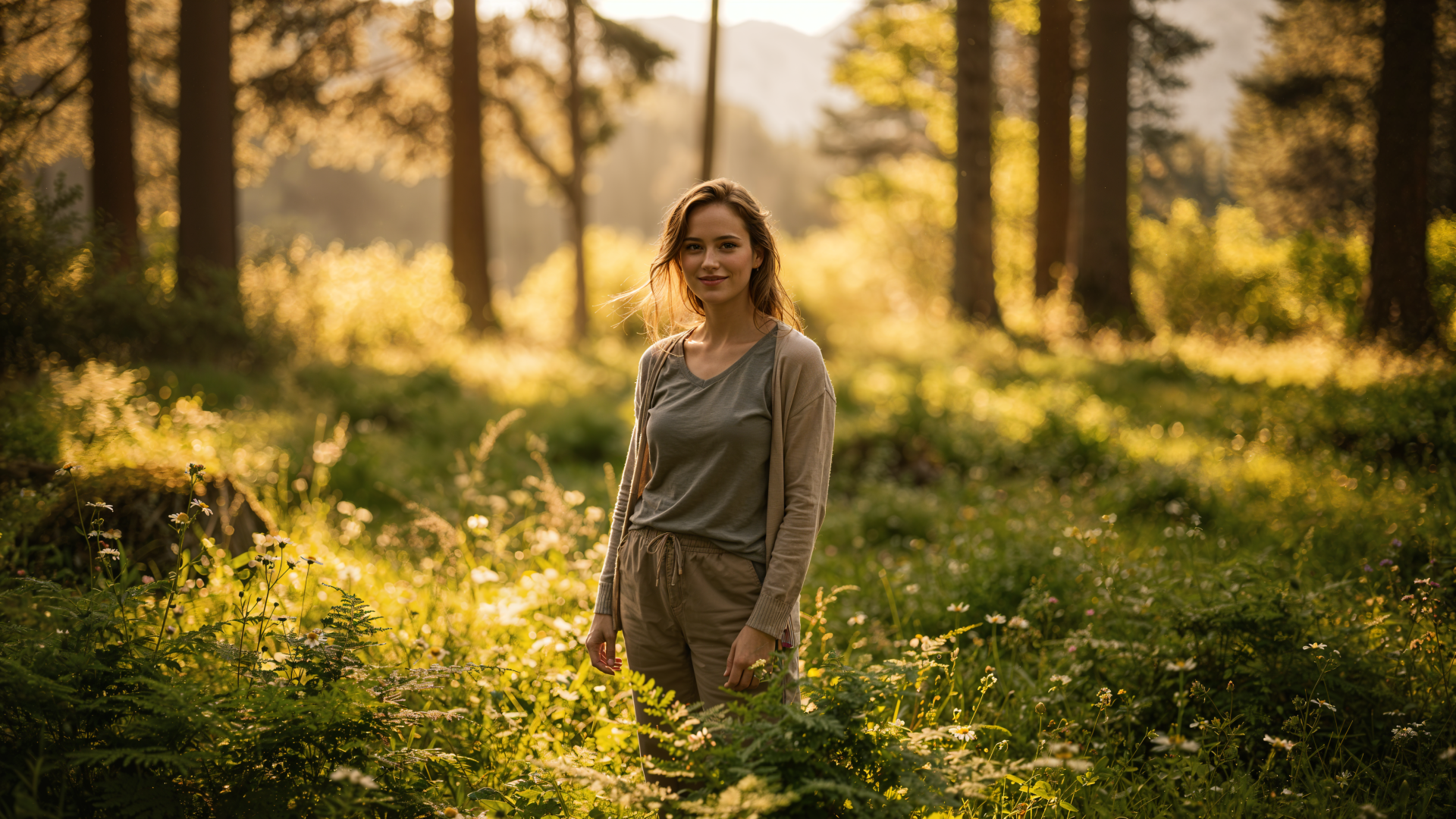 Mom standing in a sunlit forest clearing, soft golden light filtering through trees; serene portrait as a 4K Ultra HD PC desktop wallpaper and background.