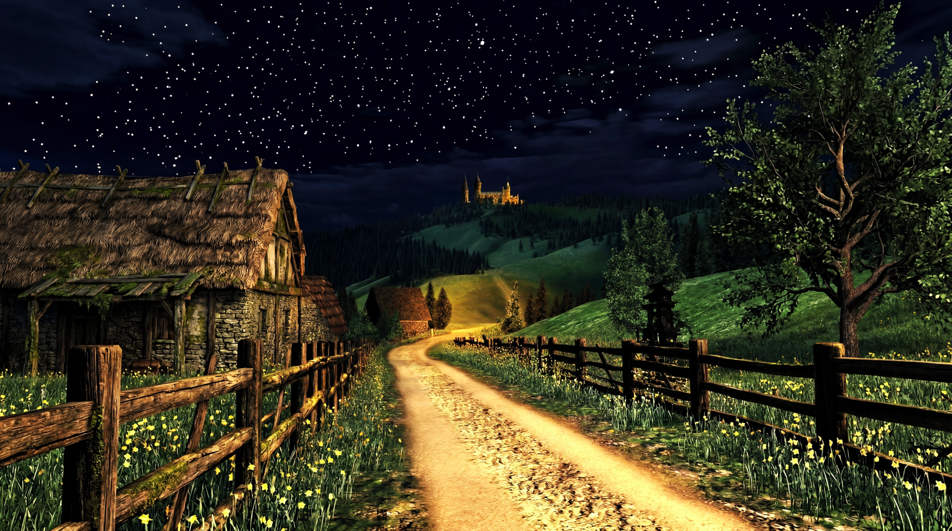5K Ultra HD PC desktop wallpaper: PS2-core video game aesthetic of a starry night sky over green hills, a dirt road and cottages leading to a distant medieval castle.