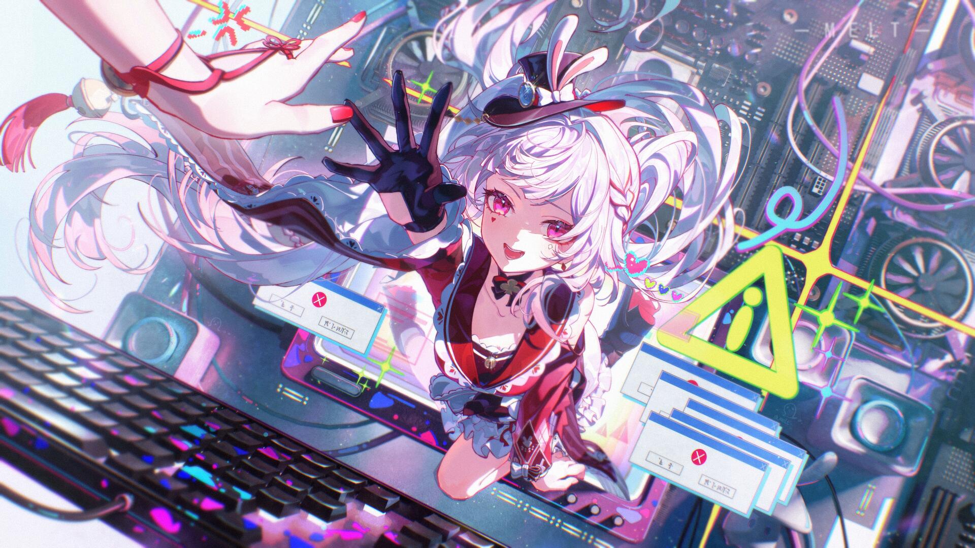 Sparxie (Honkai: Star Rail) floats toward the viewer over a glowing keyboard with neon UI elements — vibrant Honkai: Star Rail video game 2K Quad HD PC desktop wallpaper.