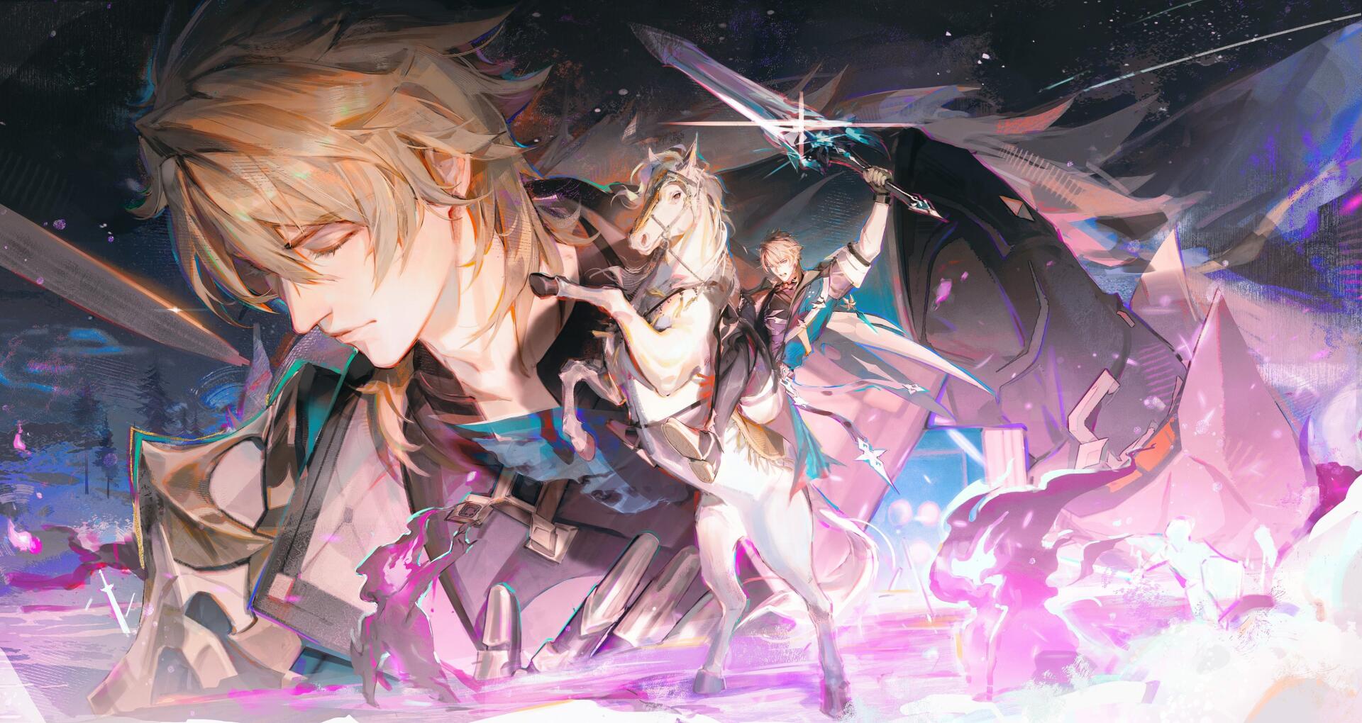 4K Ultra HD PC wallpaper of Varka (Genshin Impact) from the video game: a dreamlike cavalry scene of armored riders and charging horses bathed in purple-blue light.