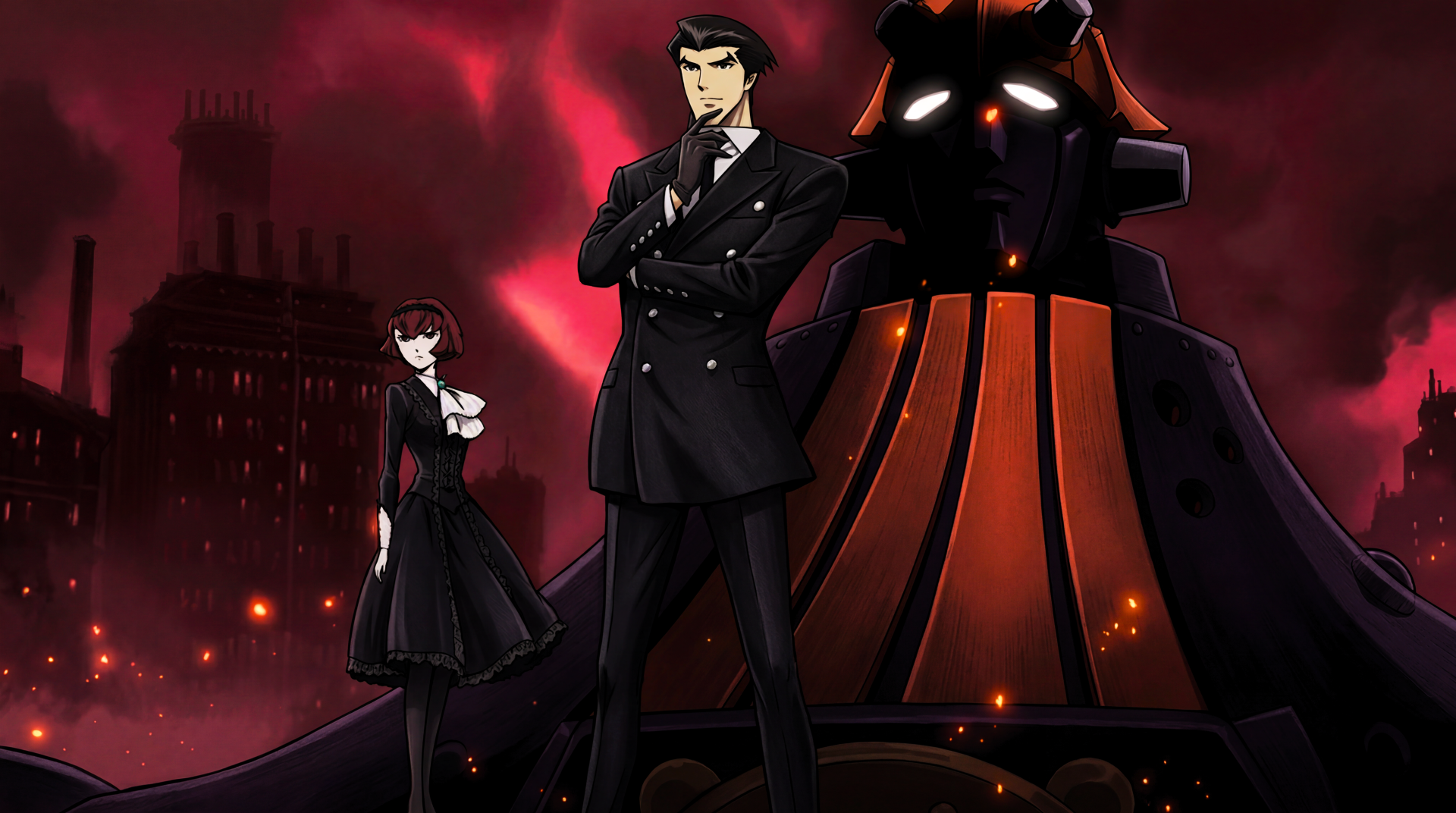 5K Ultra HD PC wallpaper of The Big O: Roger Smith and Dorothy in noir-mecha style, the towering Big O mecha looming over a blood-red industrial city skyline.