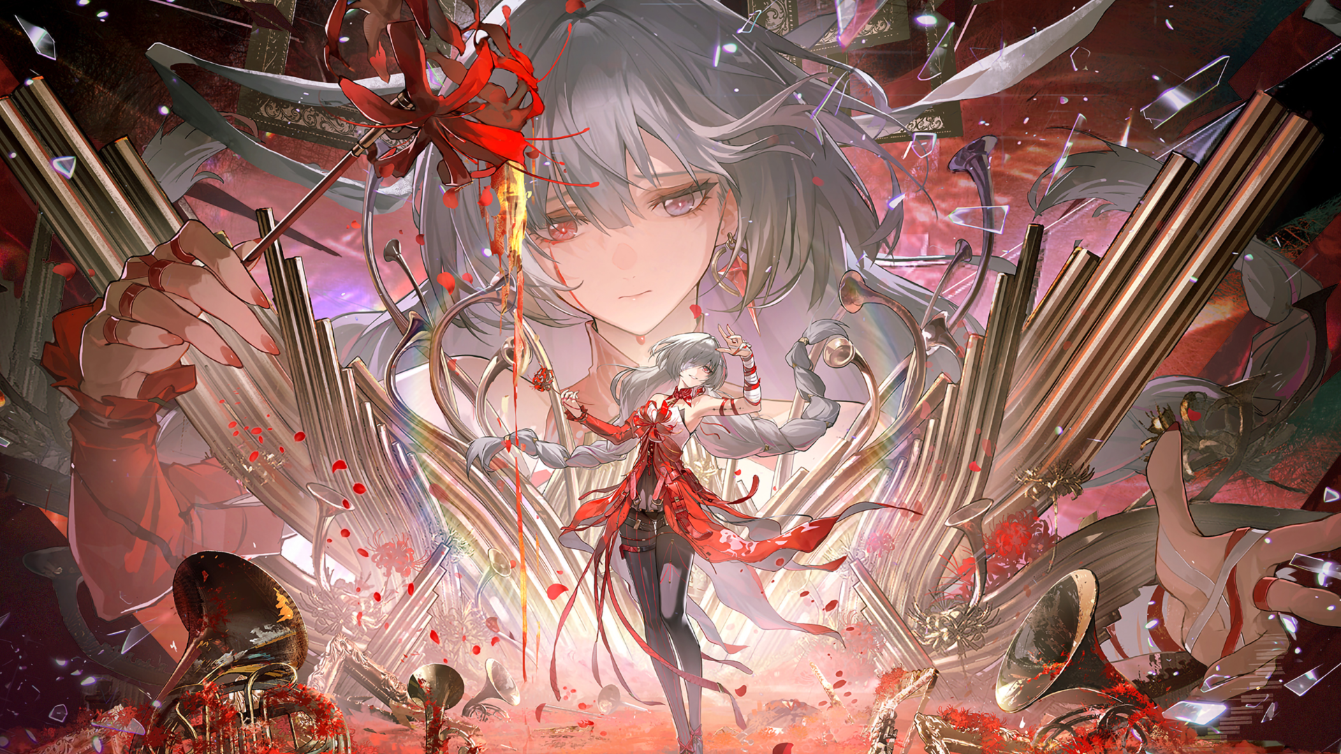 4K Ultra HD PC wallpaper of Phrolova (Wuthering Waves) — video game art: anime girl in a red coat before a colossal spectral portrait, ornate metallic wings and swirling rose petals.