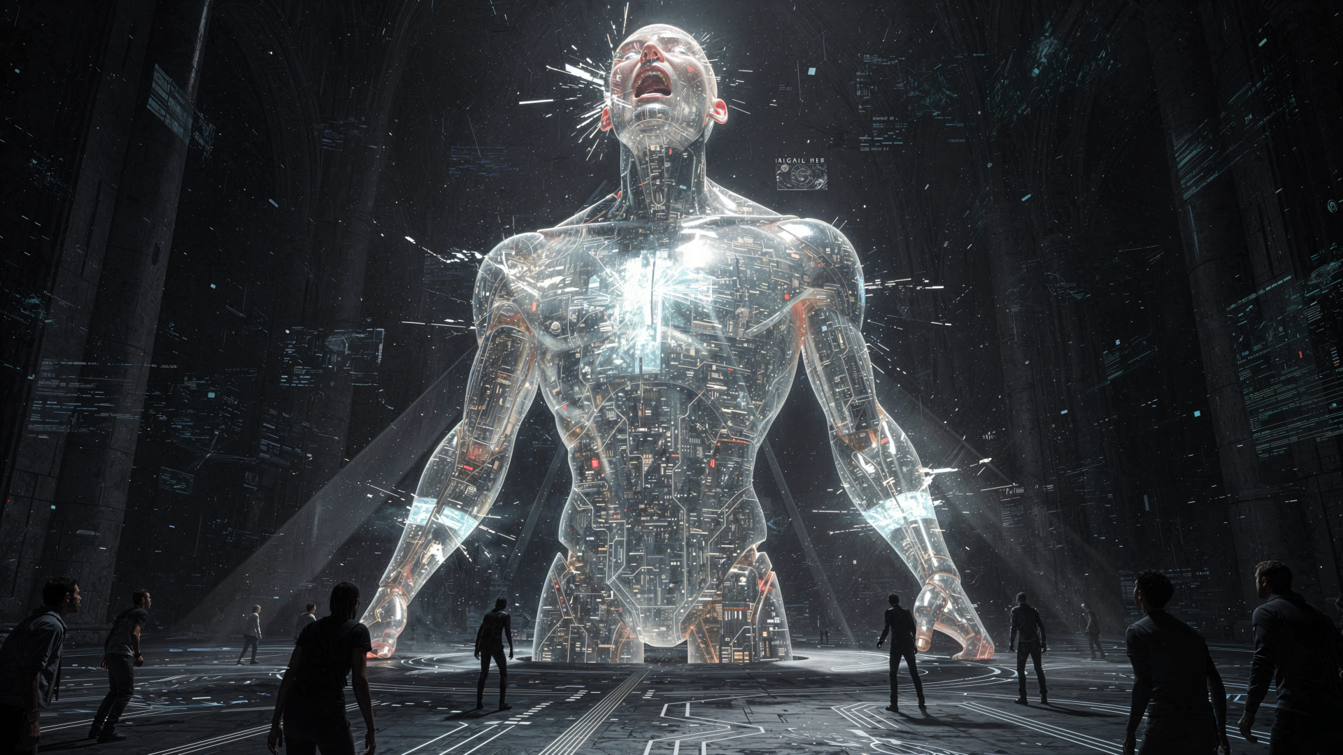 4K Ultra HD sci‑fi PC desktop wallpaper/background: a towering translucent robot screaming in a vast dark chamber, tiny silhouetted figures and floating holographic data surrounding it.
