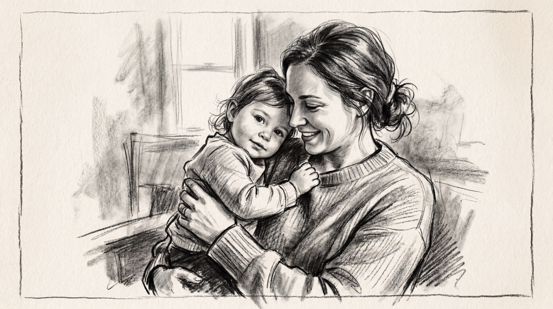 Pencil sketch 5K Ultra HD PC desktop wallpaper of a parent warmly embracing a young child by a window.