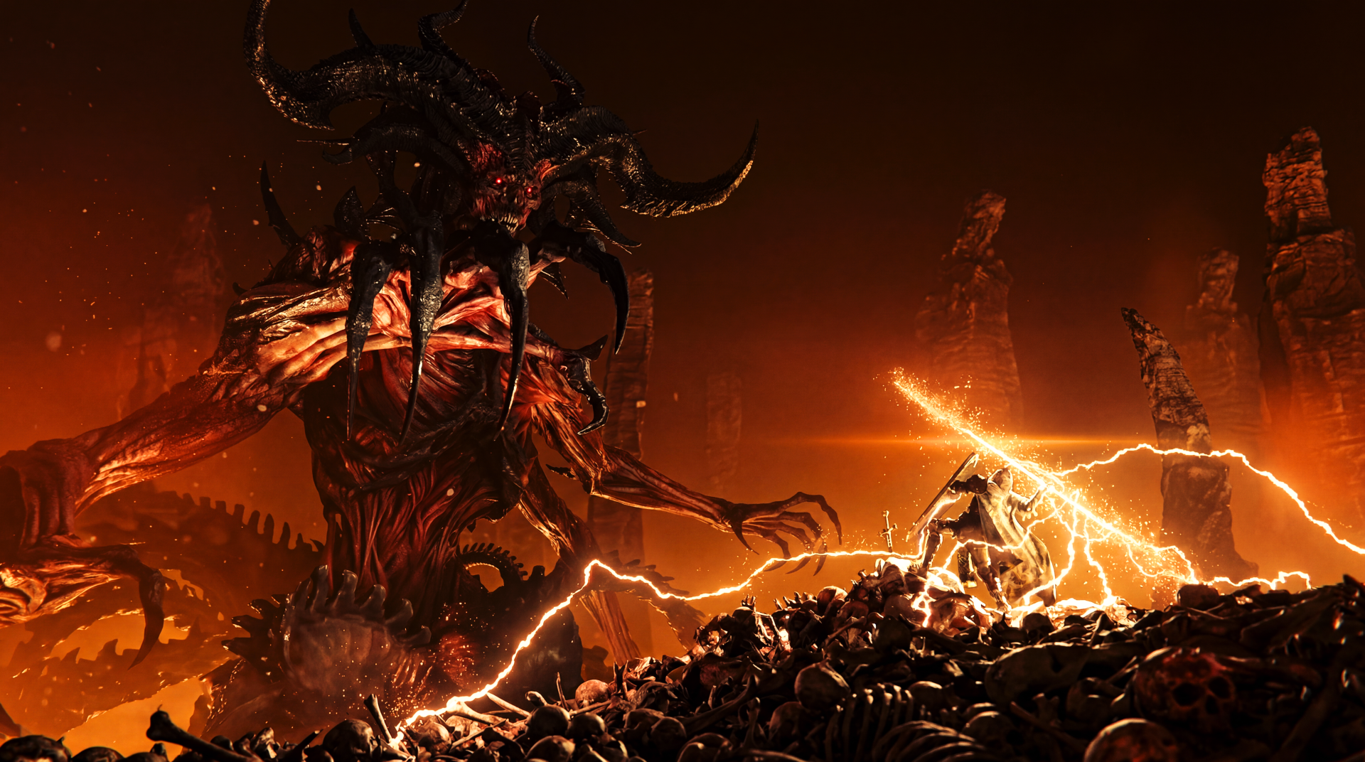 Diablo IV: Lord of Hatred — Blizzard Entertainment 5K UHD PC wallpaper of a towering demon facing a lone warrior in a fiery Light vs Dark clash, video game artwork.