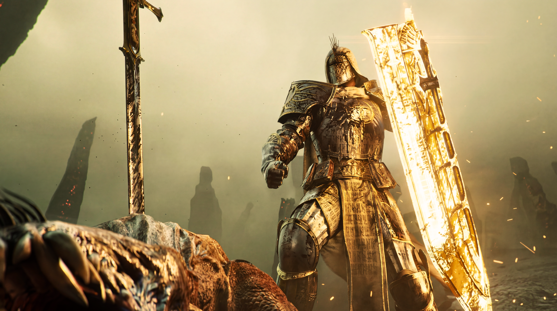 5K Ultra HD video game wallpaper: Diablo IV Lord of Hatred paladin (Warrior of Light) by Blizzard Entertainment — armored hero with a blazing shield atop a ruined battlefield.