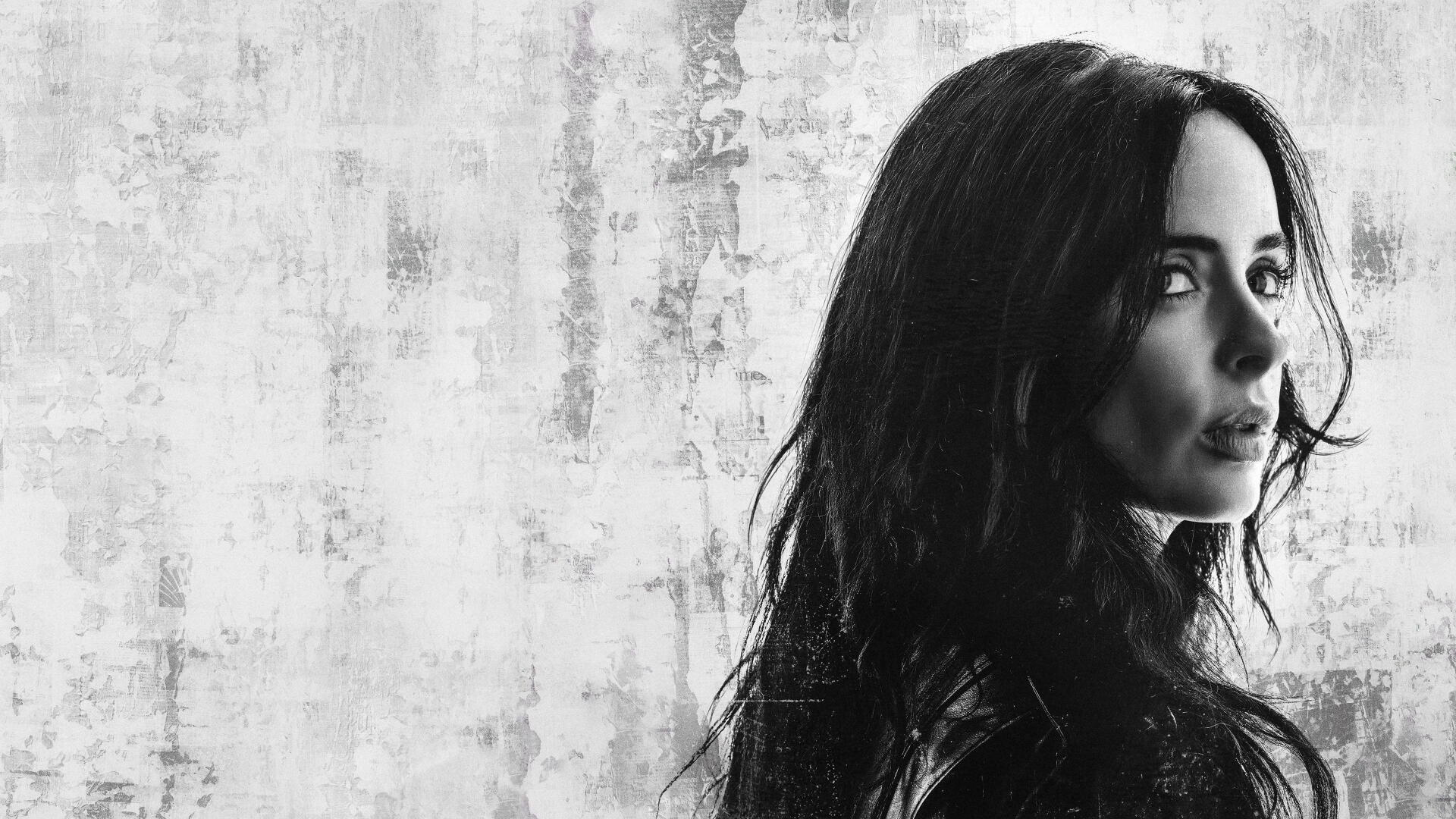Grayscale 4K Ultra HD PC desktop wallpaper for Daredevil: Born Again, a pensive woman in profile against a textured concrete wall.