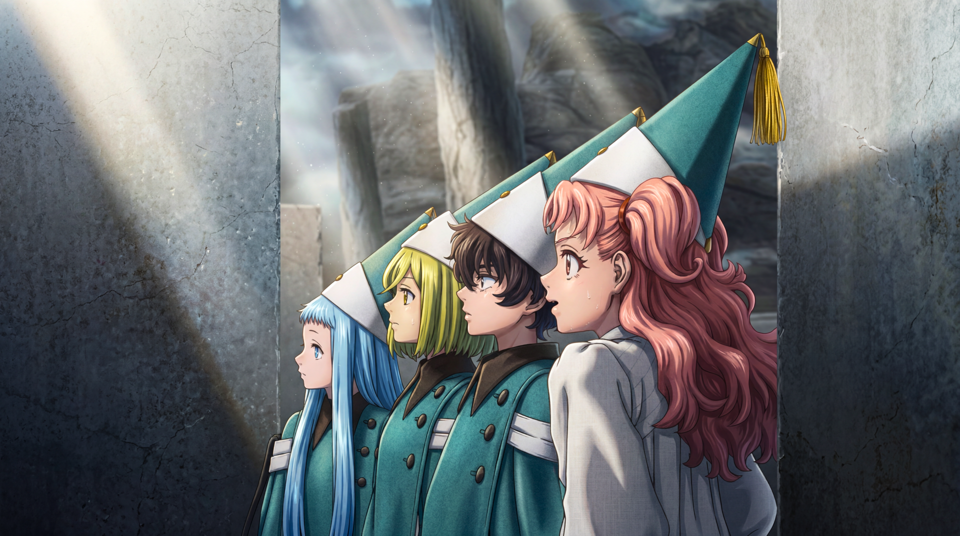 5K Ultra HD Witch Hat Atelier anime wallpaper: Coco and Agott Arklaum with two apprentices in teal cloaks and a tall pointed hat, bathed in shafts of light inside a stone hall.