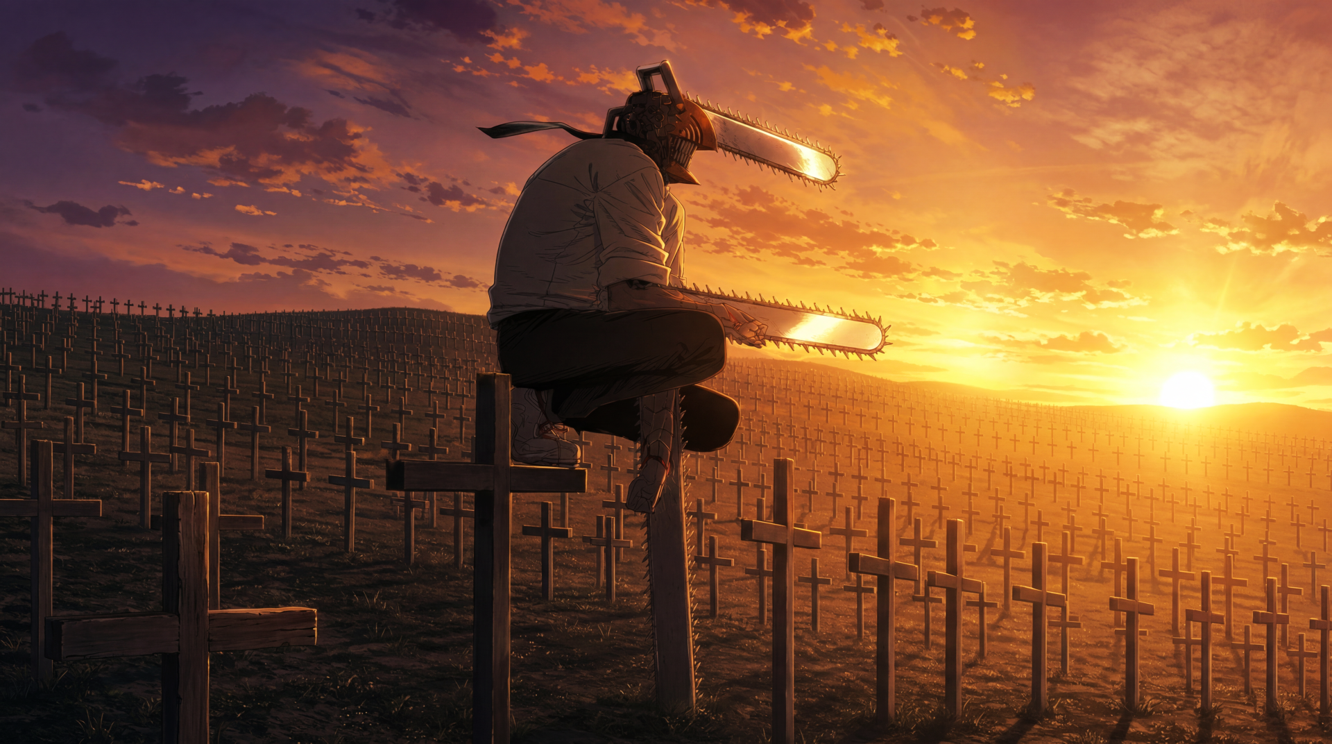 Chainsaw Man's Denji perches on a cross amid an anime graveyard of crosses at sunset, chainsaws ignited — 5K Ultra HD PC desktop wallpaper/background.