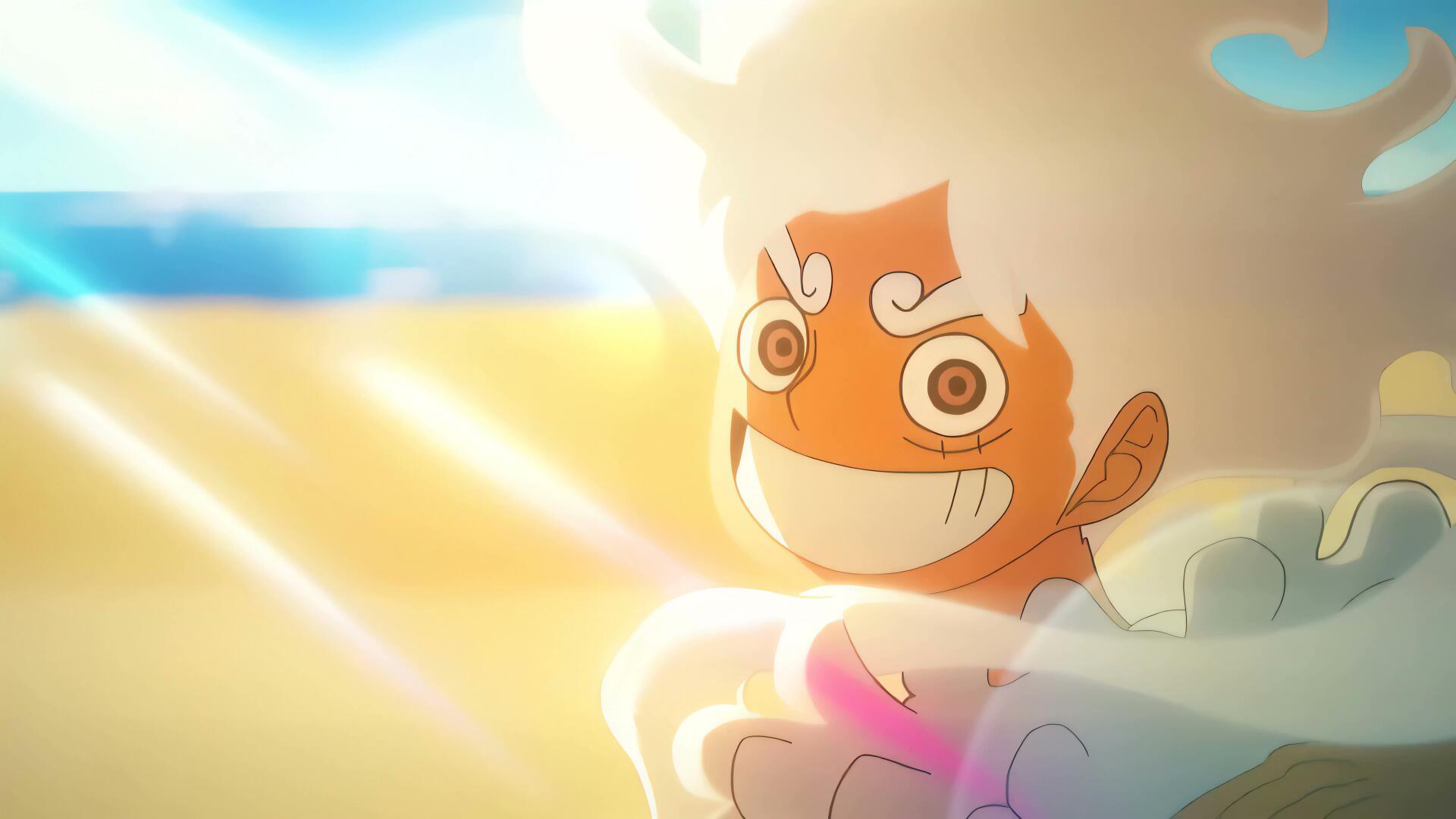 4K Ultra HD desktop wallpaper of One Piece's Monkey D. Luffy in Gear 5, grinning with radiant lens flares and a sunlit seaside background.