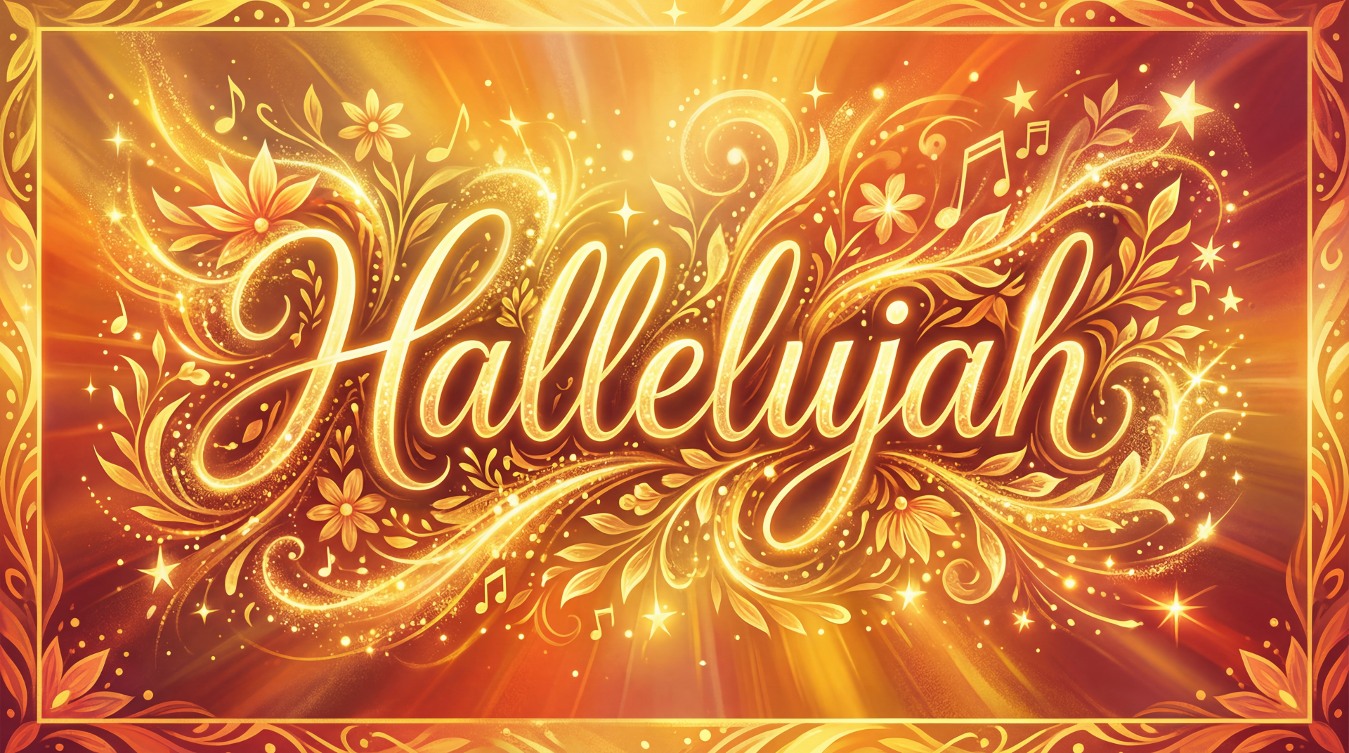 Glowing golden script Hallelujah with ornate floral swirls and musical notes on a radiant orange background — 5K Ultra HD PC desktop wallpaper/background.