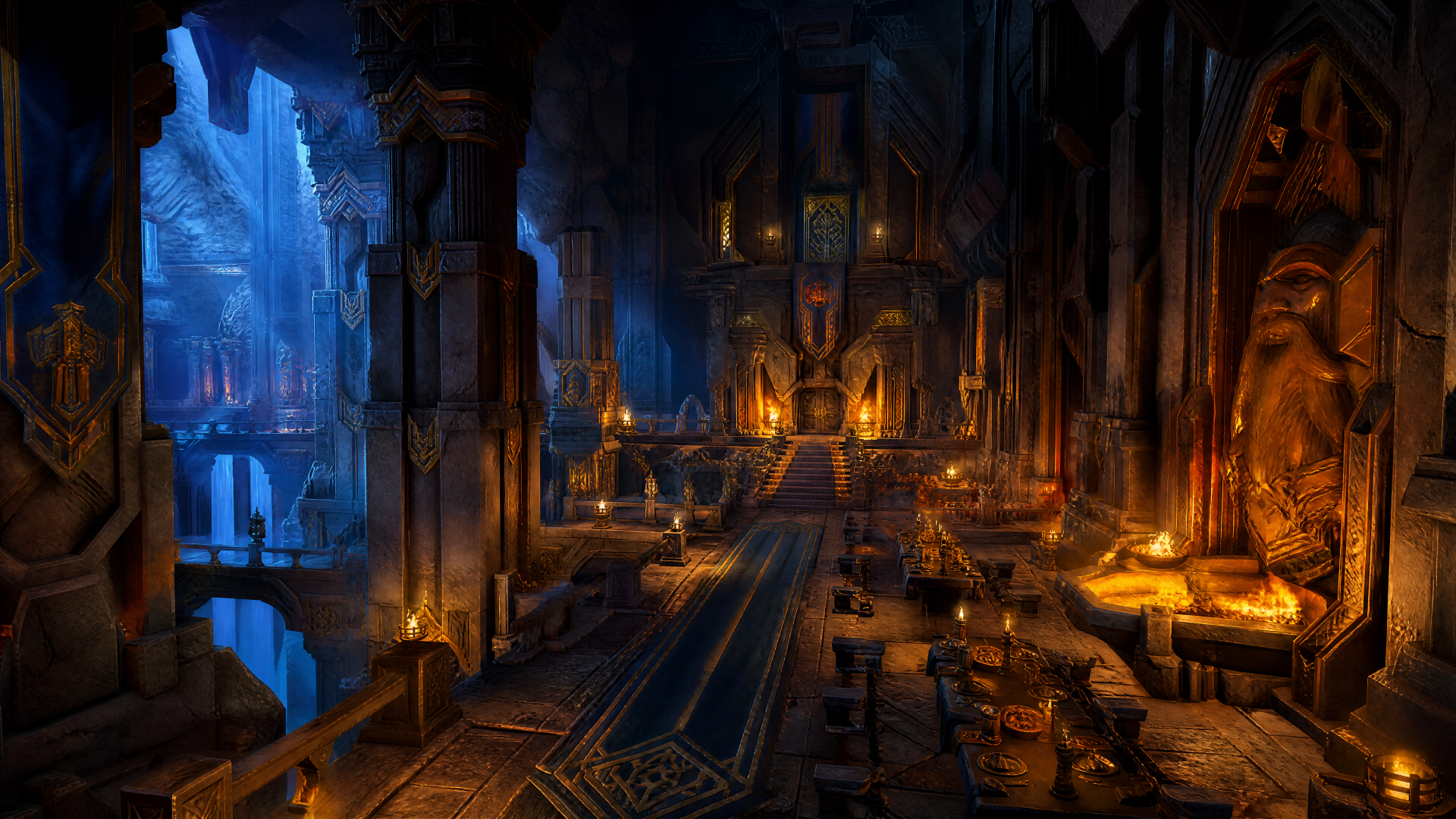4K Ultra HD PC desktop wallpaper: a vast torchlit dwarven hall with towering stone pillars, carved statues, glowing forges, long banners and a distant icy cavern opening.