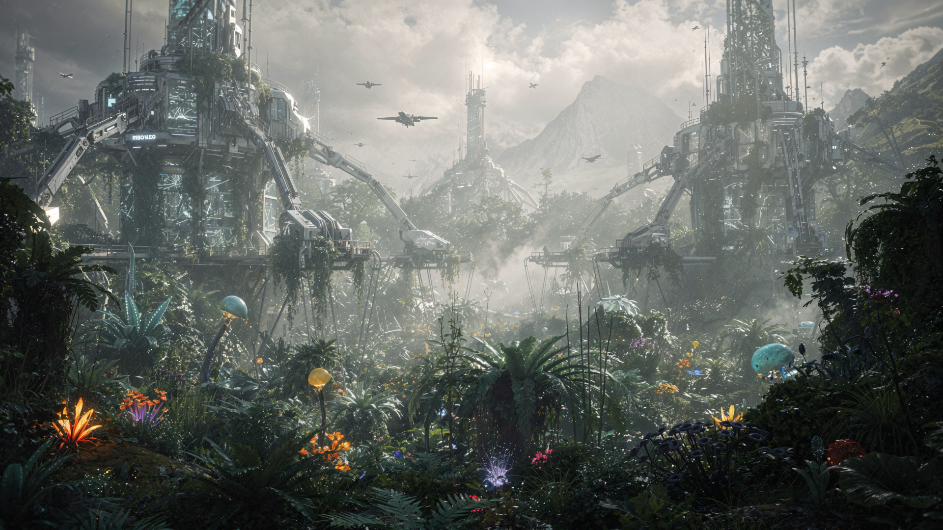 Sci-Fi 4K Ultra HD PC desktop wallpaper: misty overgrown alien city with towering ruined spires, dense bioluminescent jungle, mountains and low-flying craft.