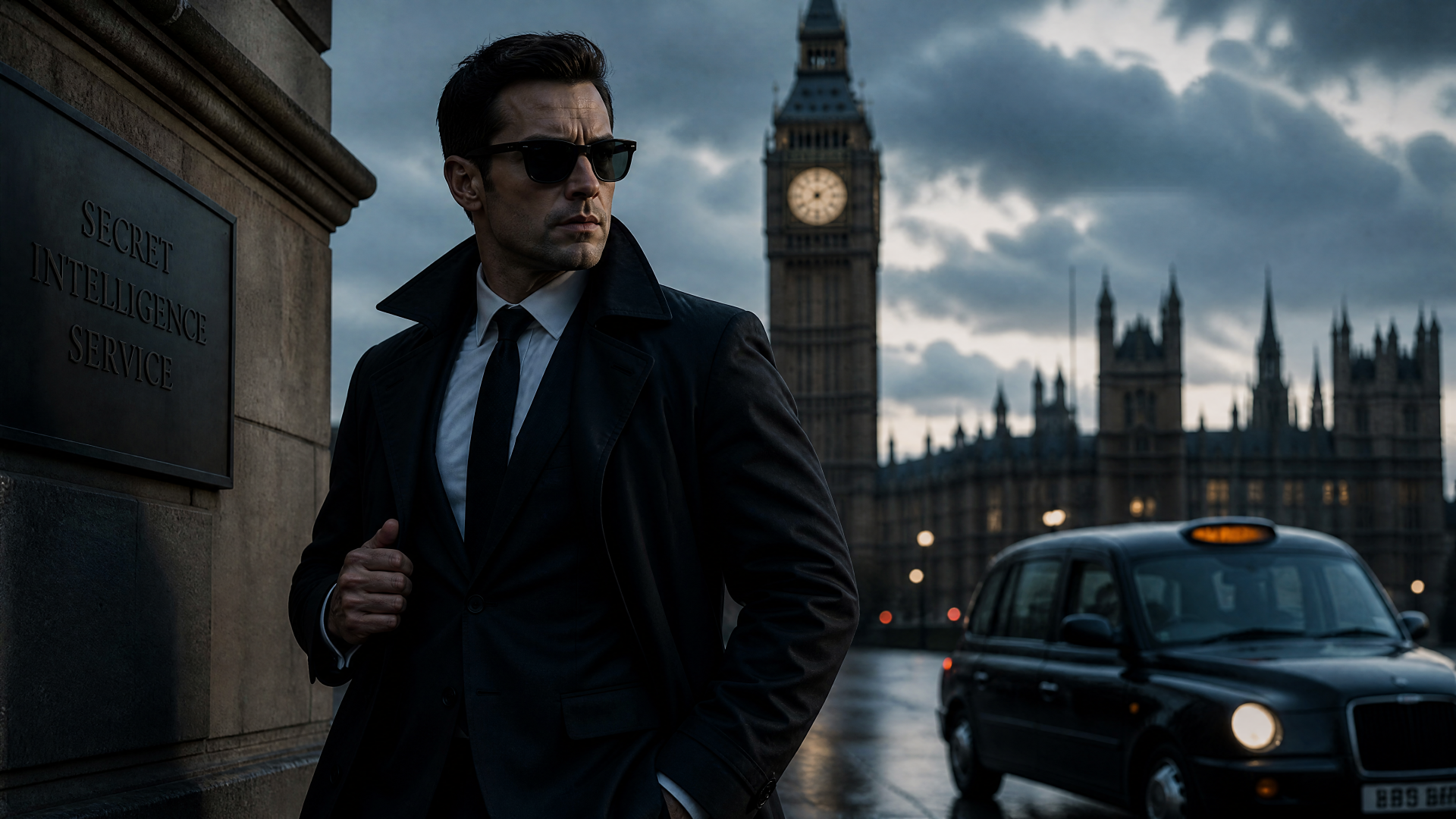 Secret agent in suit and sunglasses on a rain-slick London street by Big Ben and a black cab — 4K Ultra HD PC desktop wallpaper/background.