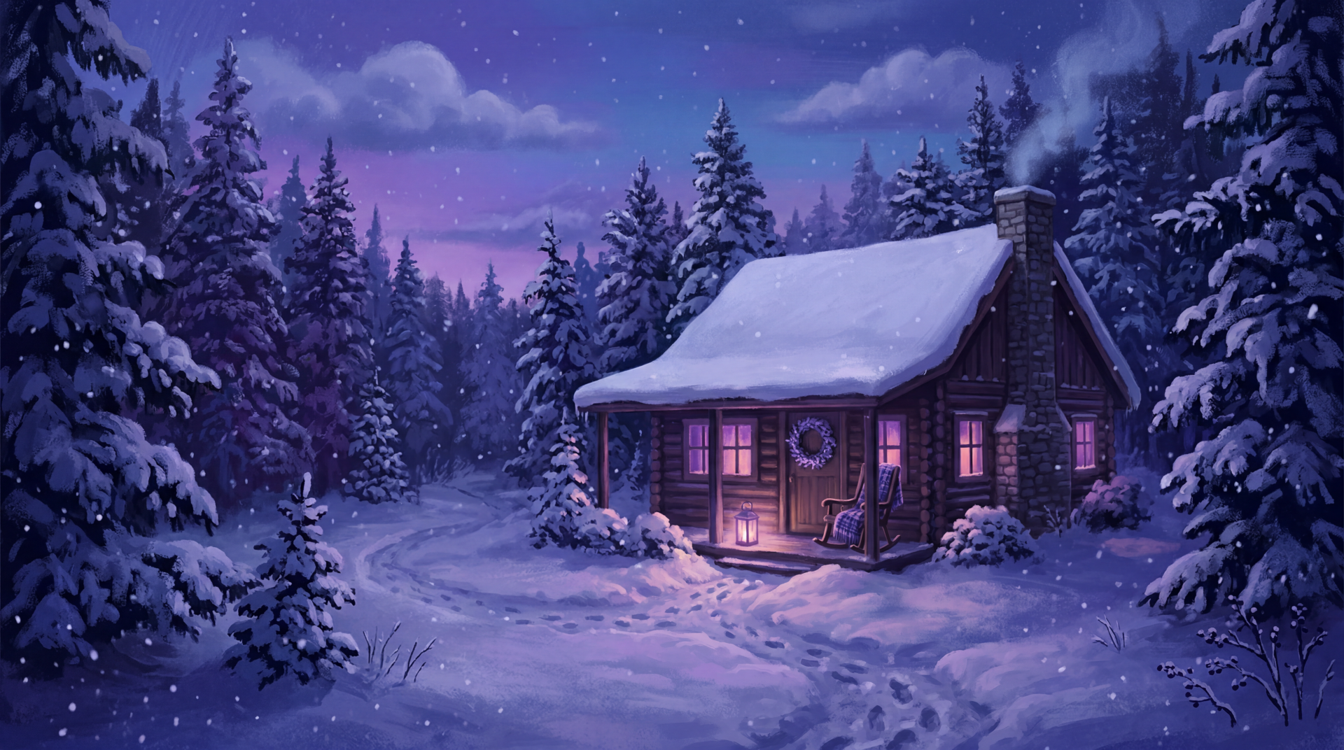 Cozy winter scene: snow-covered cabin with warm glowing windows in a pine forest under a purple twilight sky — 5K Ultra HD PC Desktop Wallpaper and Background.