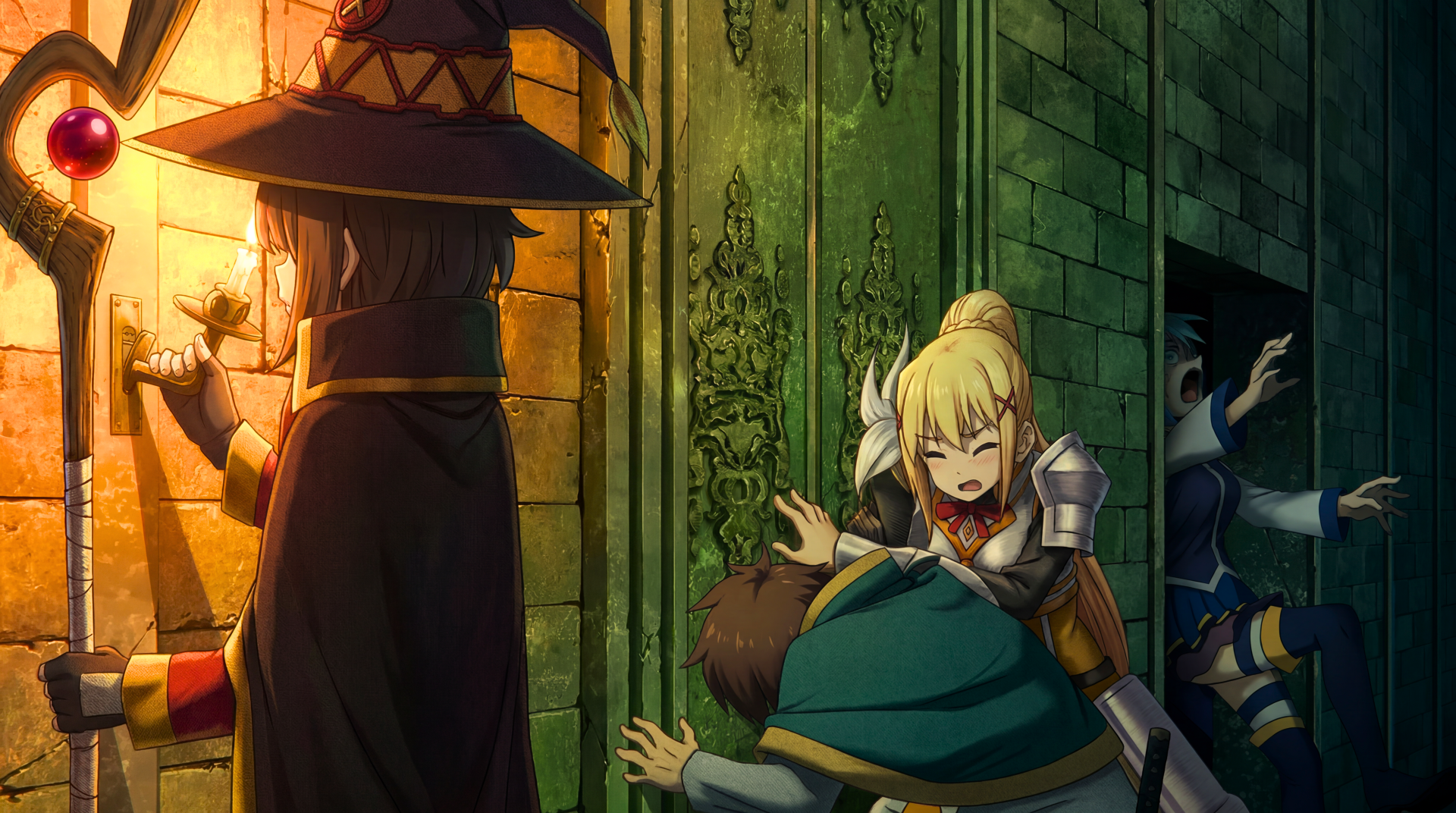 5K Ultra HD PC wallpaper from KonoSuba — God’s blessing on this wonderful world!! depicting Megumin, Aqua and Kazuma in a comedic dungeon scene.