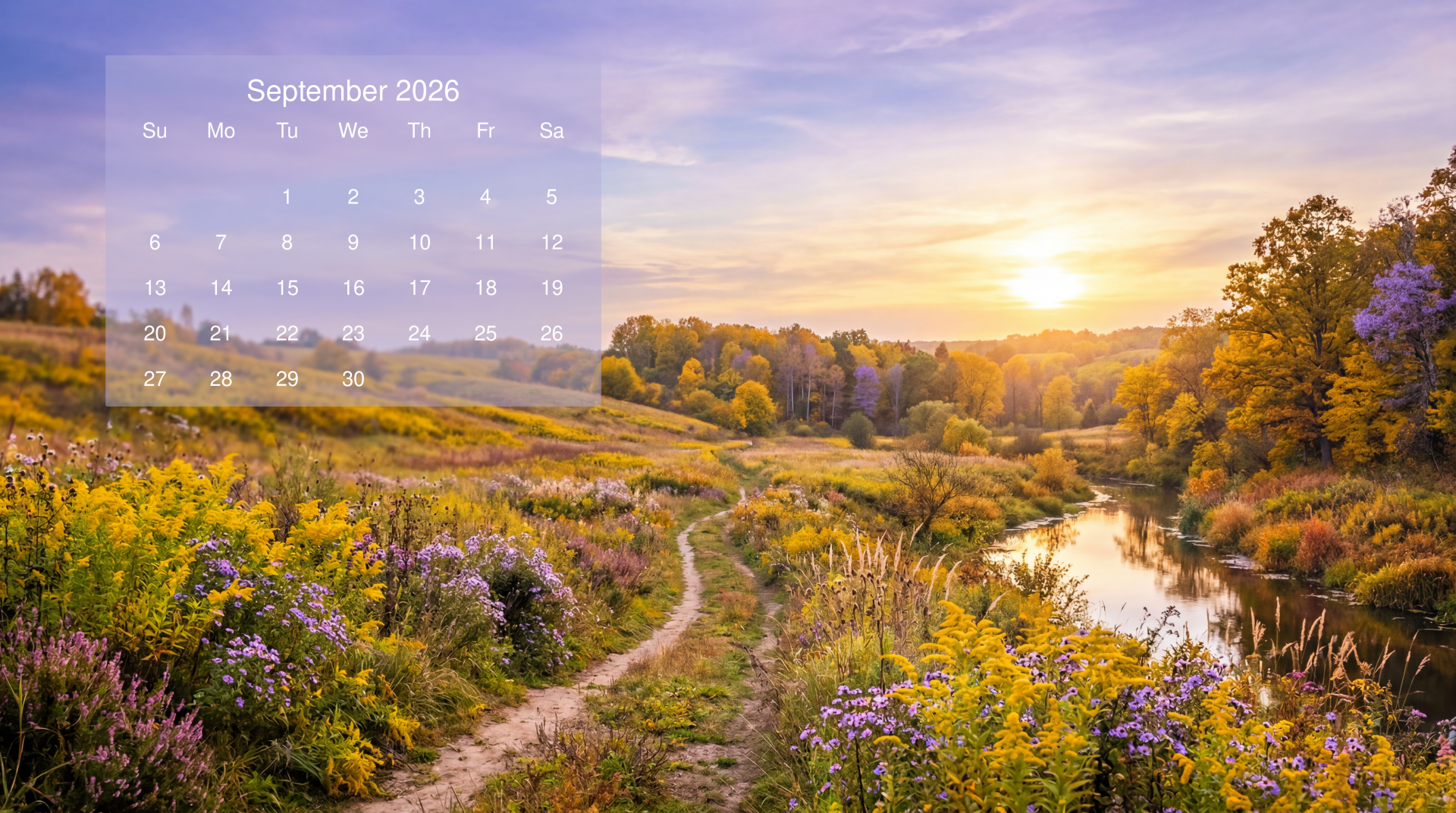 September 2026 calendar on 5K Ultra HD PC desktop wallpaper: sunrise over a winding path through wildflower-covered hills and a reflective river.