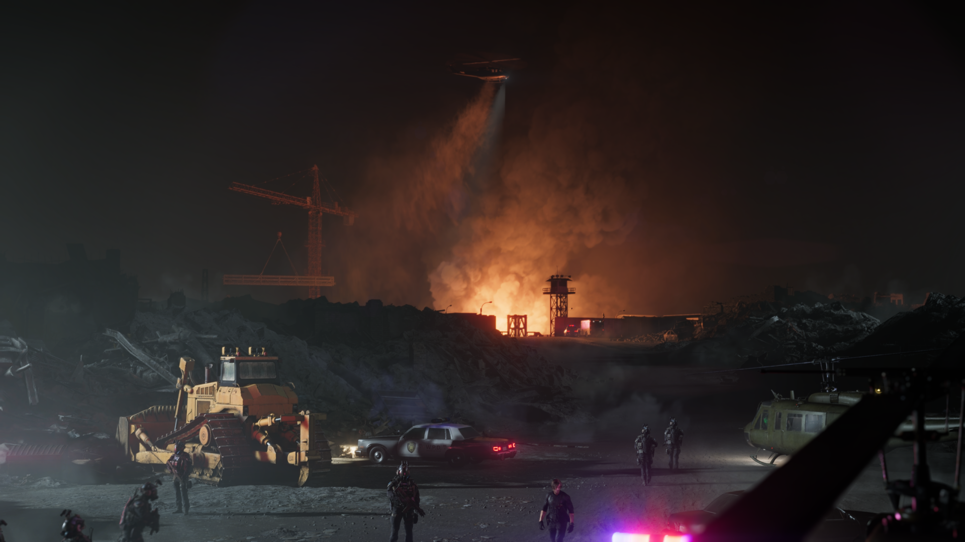 Resident Evil Requiem 2K Quad HD PC Desktop Wallpaper and Background — nighttime industrial ruin with massive fire, smoky sky, military vehicles and armed silhouettes in the foreground.