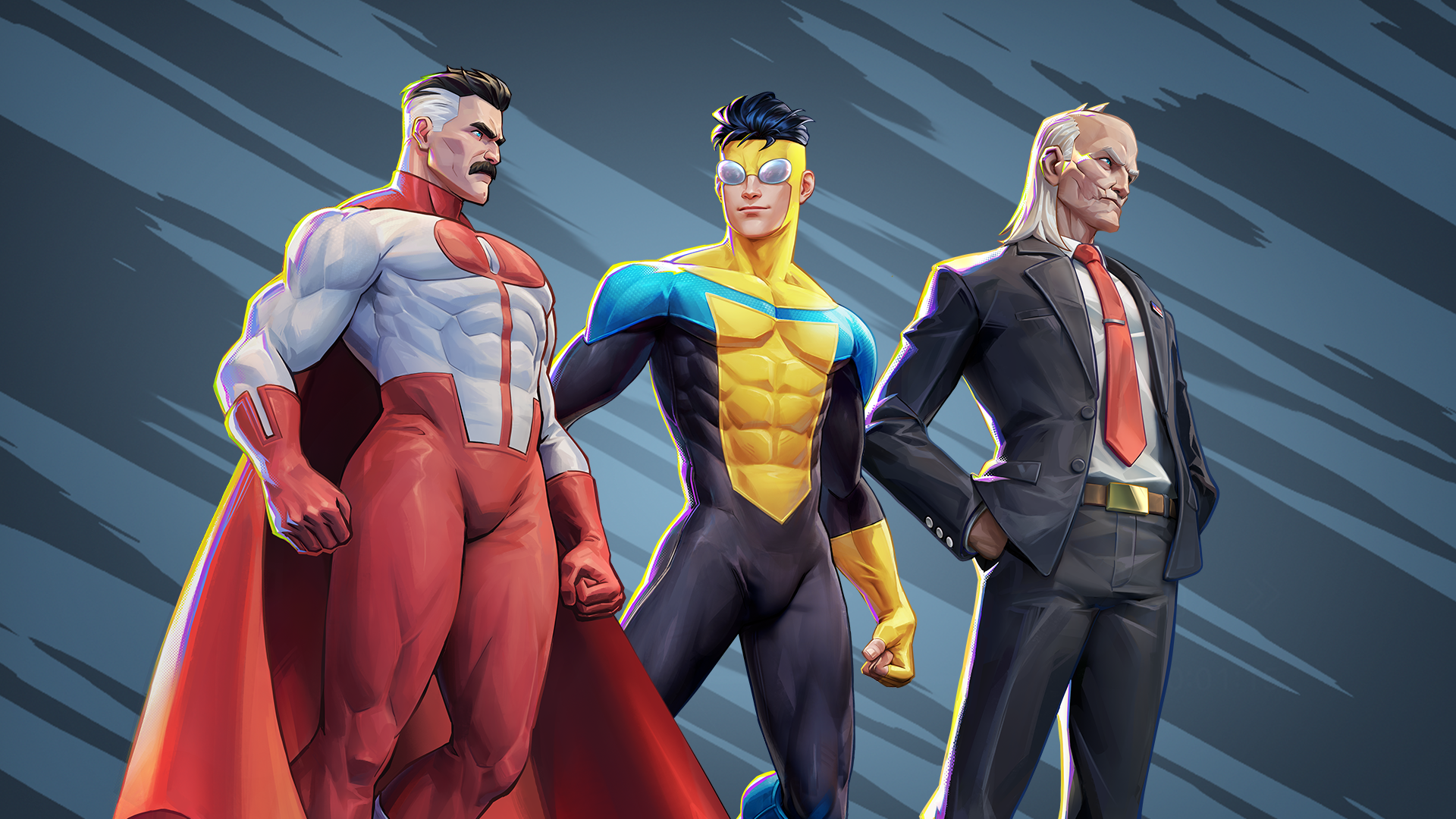 HD PC desktop wallpaper for video game Invincible VS: Omni-Man, Invincible (2006) and Cecil (Invincible) stand side by side against a stylized blue background.