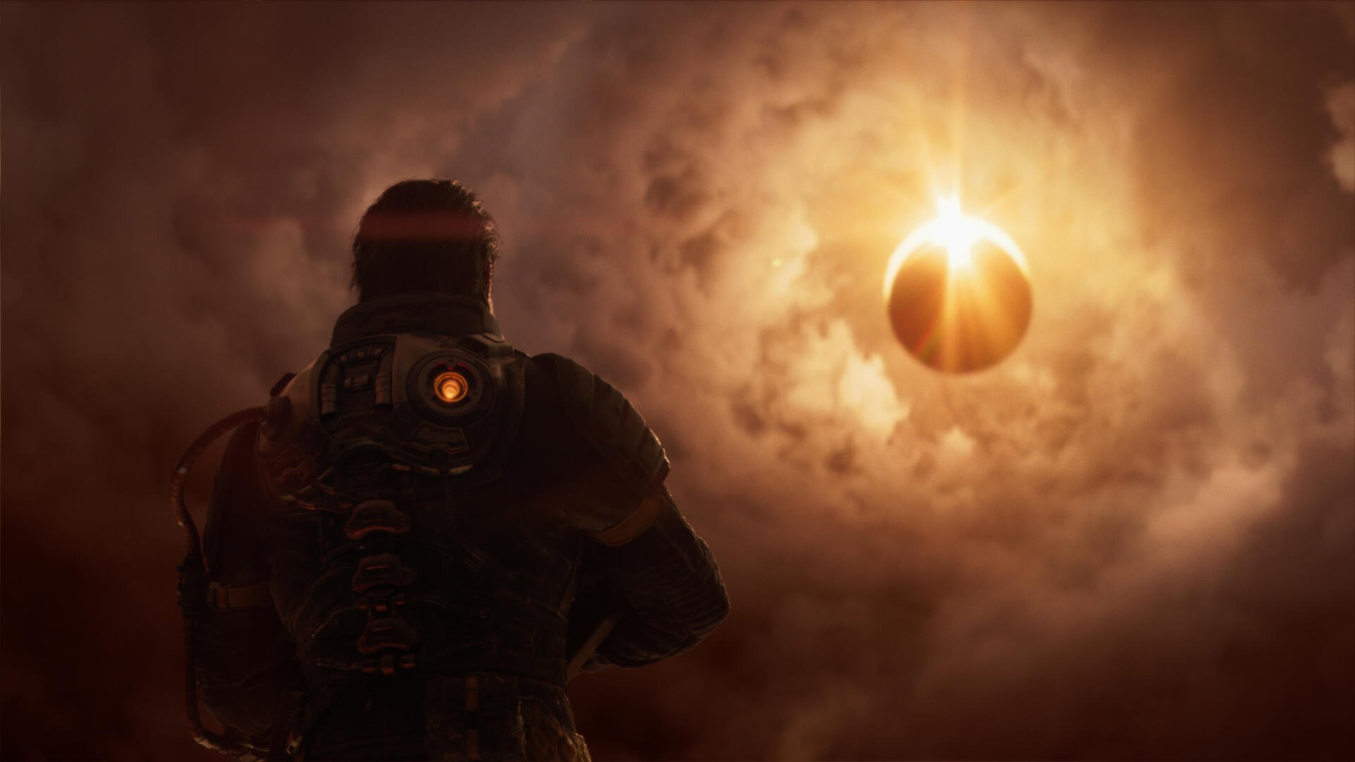 Silhouetted armored soldier faces a glowing orb amid swirling smoke and fire — cinematic video game Saros 4K Ultra HD PC desktop wallpaper and background.