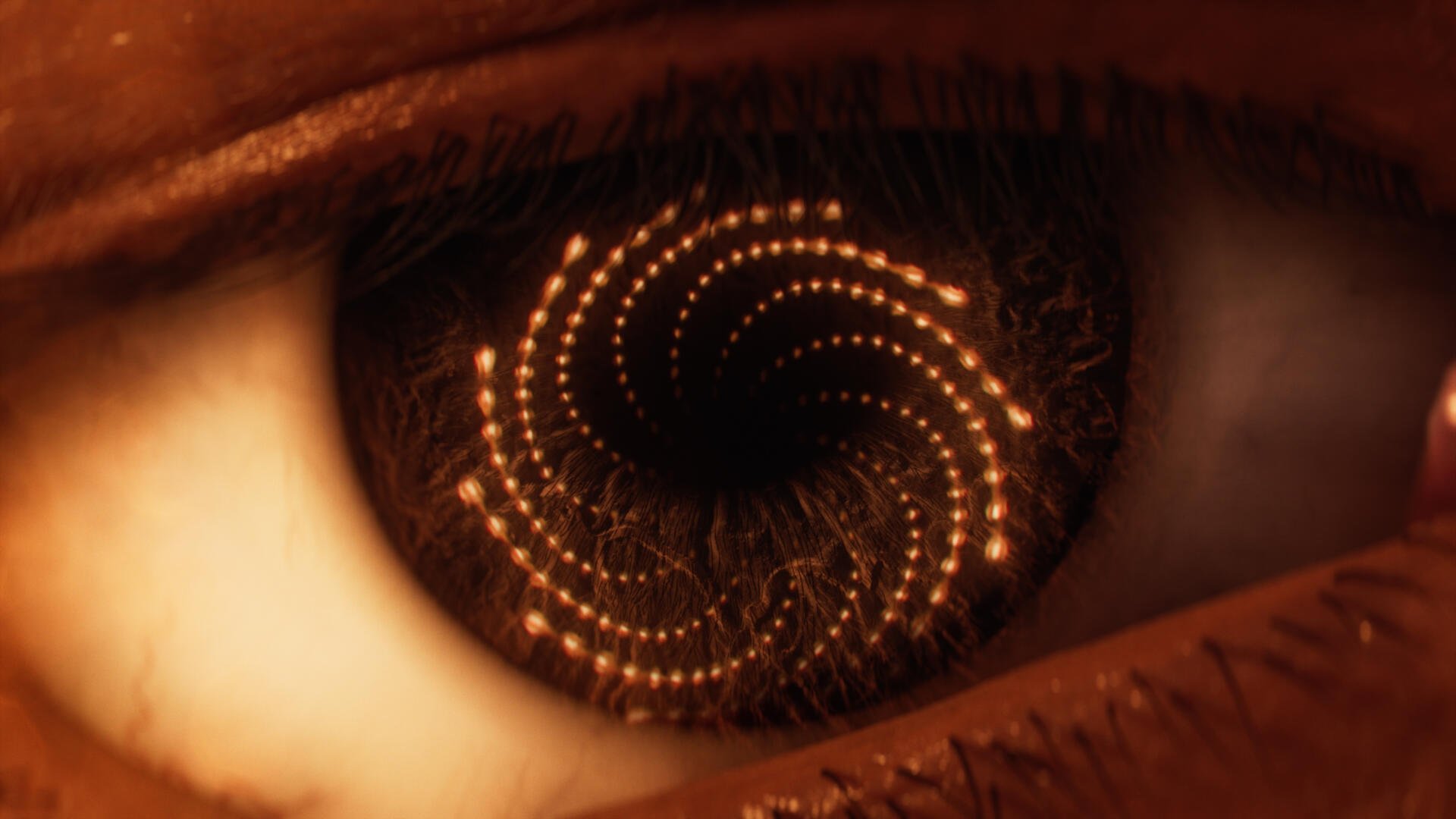 Close-up of an eye with a glowing golden spiral in the pupil; video game Saros 4K Ultra HD PC desktop wallpaper/background.