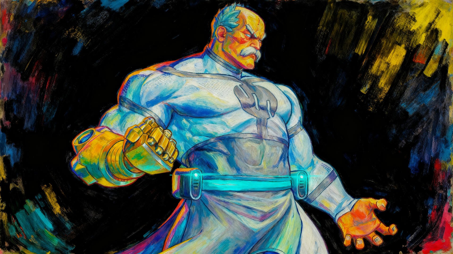 Conquest (Invincible) in bold, neon brushstrokes, towering with a glowing gauntlet and clenched fist — vibrant 4K Ultra HD PC desktop wallpaper and background.