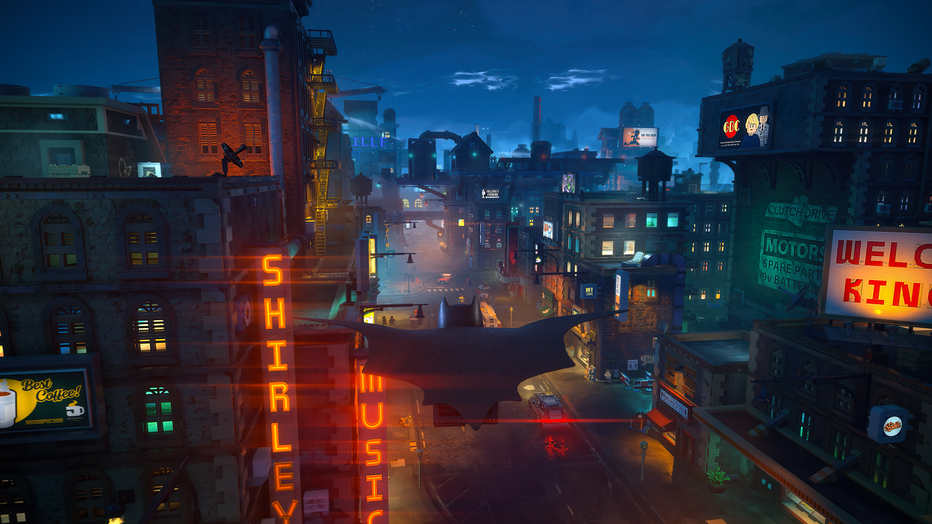 4K Ultra HD PC wallpaper from the video game Lego Batman: Legacy of the Dark Knight — Lego Batman glides over a neon-lit Gotham skyline at night.