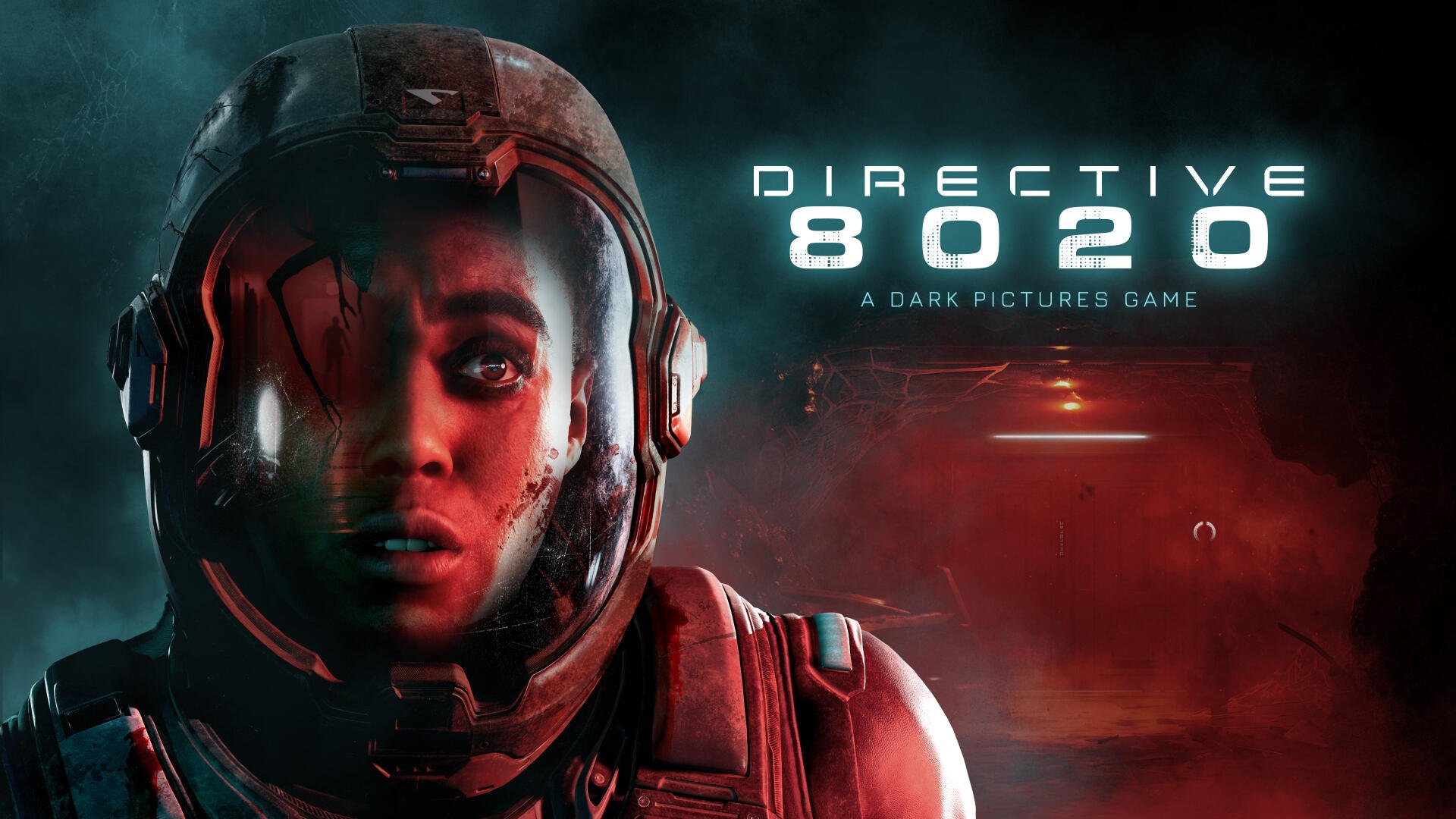4K Ultra HD PC desktop wallpaper from the video game Directive 8020: close-up of a helmeted soldier in red lighting, sci-fi HUD text and smoky, ominous background.