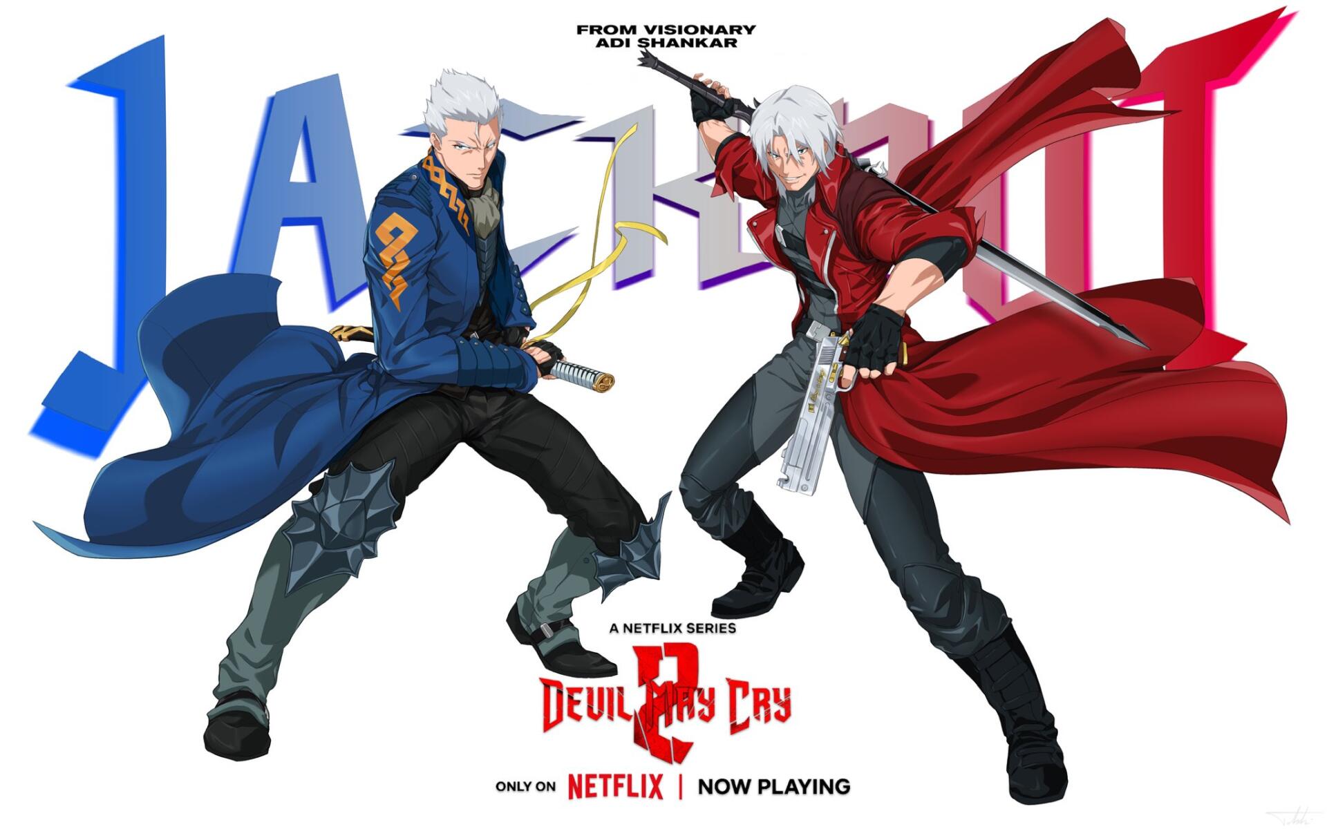 HD PC desktop wallpaper of Devil May Cry (anime) showing Dante in a red coat wielding a sword facing Vergil in blue, with the series title and Netflix logo below.