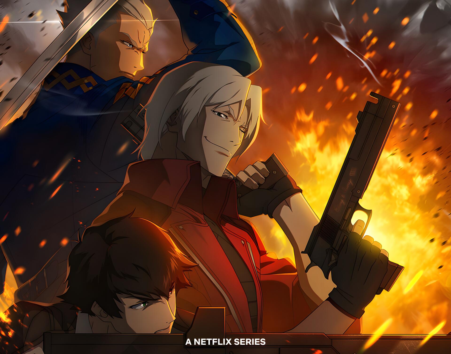 Anime 4K Ultra HD PC desktop wallpaper/background featuring Dante (Devil May Cry anime), smirking with pistol and sword amid a blazing inferno.