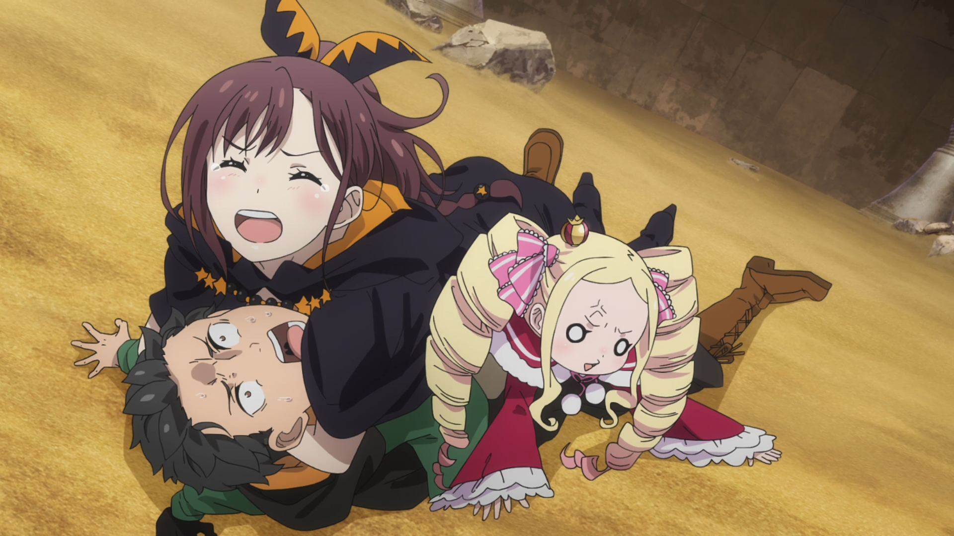 Anime HD PC wallpaper from Re:Zero - Starting Life in Another World: Subaru Natsuki pinned on the ground as Shaula (Re:Zero) laughs atop him and Beatrice (Re:ZERO) squirms beside them.
