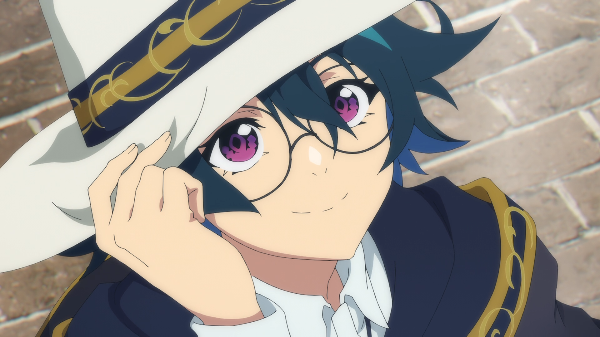 HD PC desktop wallpaper of Will Serfort (Wistoria: Wand and Sword): smiling blue-haired youth with purple eyes and glasses, tipping a white hat against a brick wall.