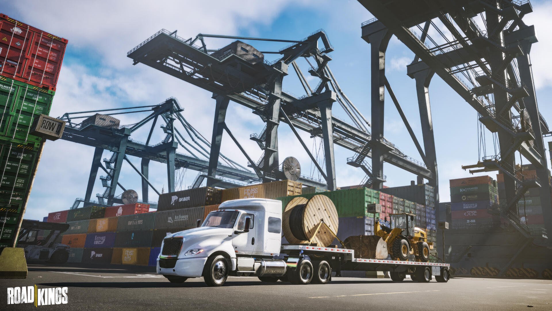 4K Ultra HD PC desktop wallpaper/background from the video game Road Kings: a semi truck hauling heavy equipment through a bustling container port beneath towering gantry cranes.