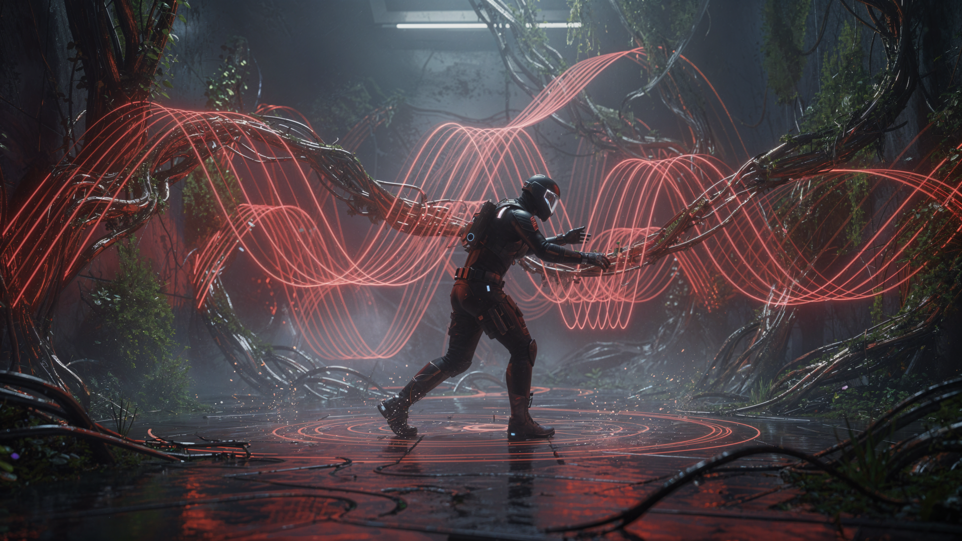 4K Ultra HD PC Desktop Wallpaper and Background: futuristic armored figure in a wet, overgrown sci-fi chamber pushing against glowing red sine-wave energy strands.
