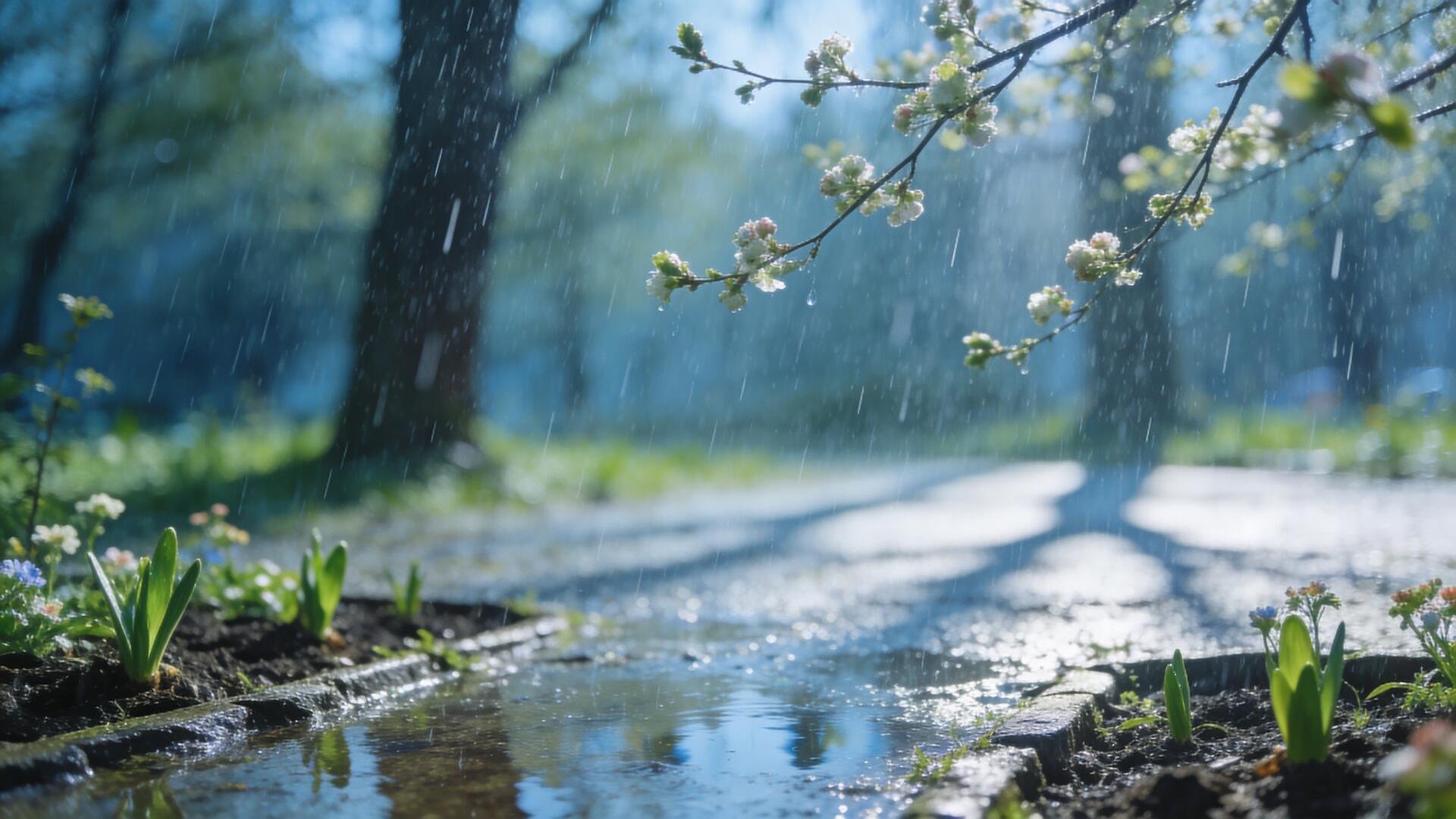 4K Ultra HD PC desktop wallpaper and background: spring rain splashing puddles beneath budding branches, sunlit park path and soft bokeh.