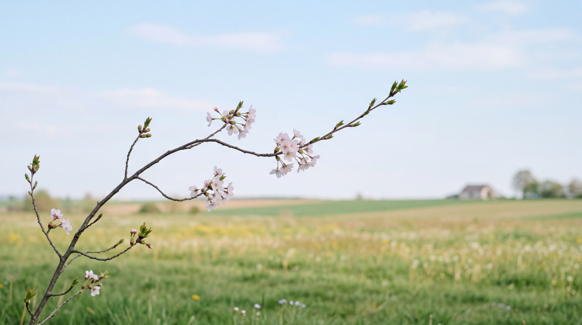 Minimalist spring blossom branch in soft focus above a green meadow and distant farmhouse — 5K Ultra HD PC desktop wallpaper/background.