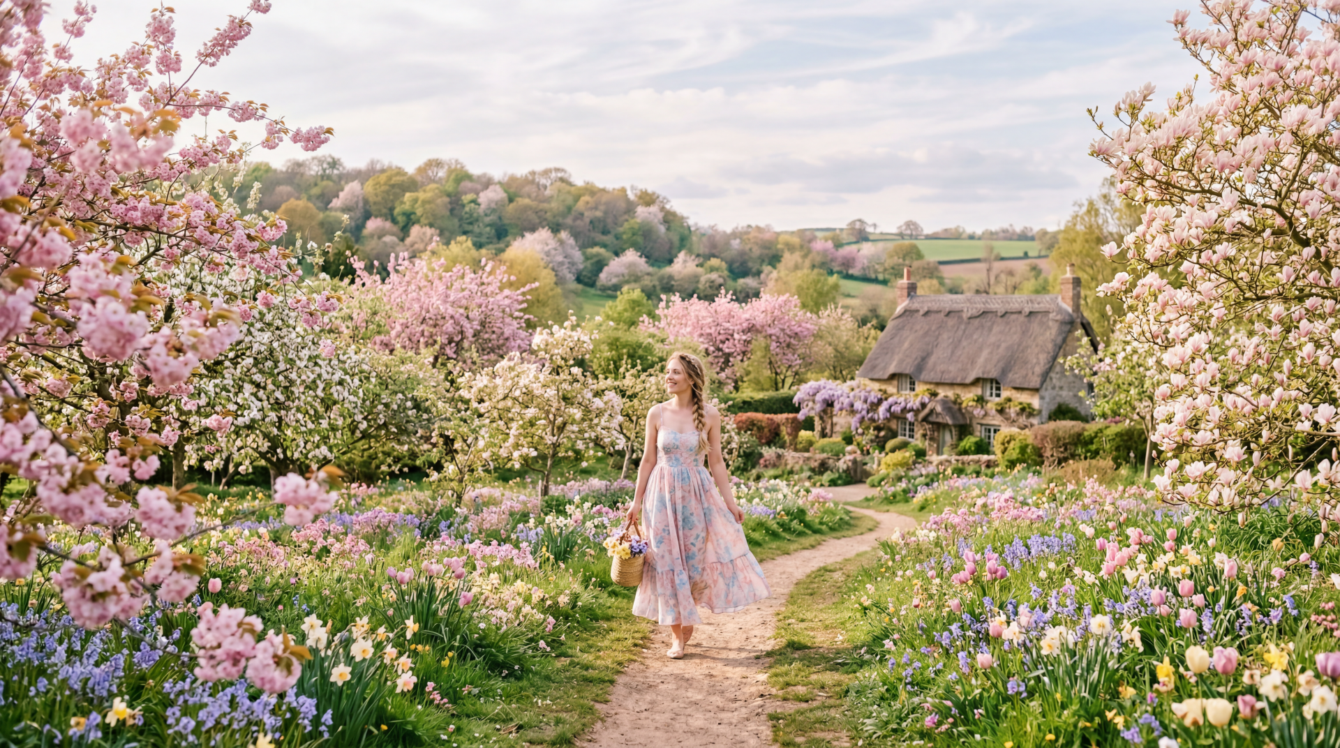 Pastel spring 5K Ultra HD PC desktop wallpaper: a woman in a floral dress strolls down a blossom-lined path toward a thatched cottage amid blooming gardens.