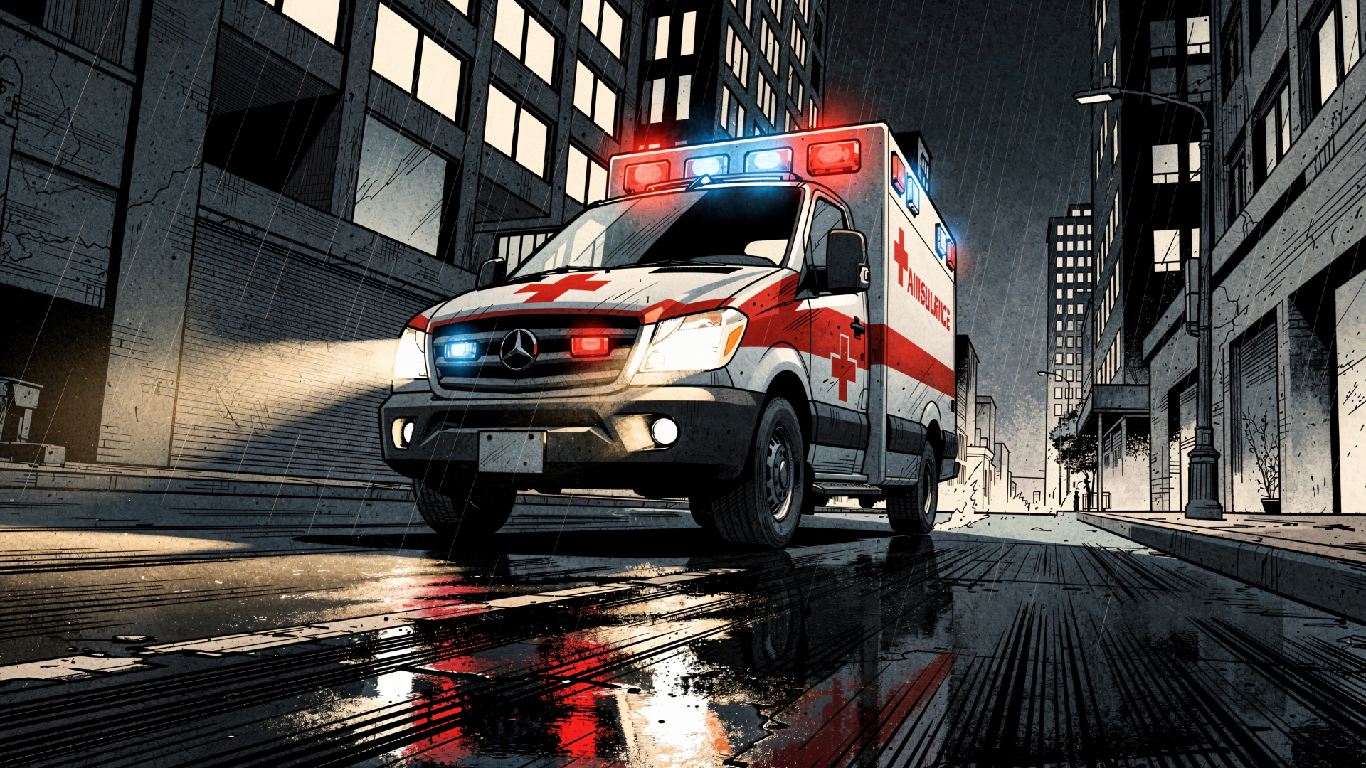 4K Ultra HD PC desktop wallpaper background: nighttime urban scene with a red-and-white ambulance speeding through wet streets, lights flashing and reflecting on the pavement.
