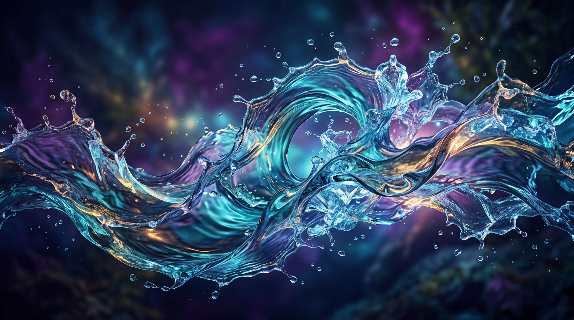 Vibrant turquoise and purple liquid ribbons and droplets twisting over a dark bokeh field — 5K Ultra HD PC Desktop Wallpaper and Background.