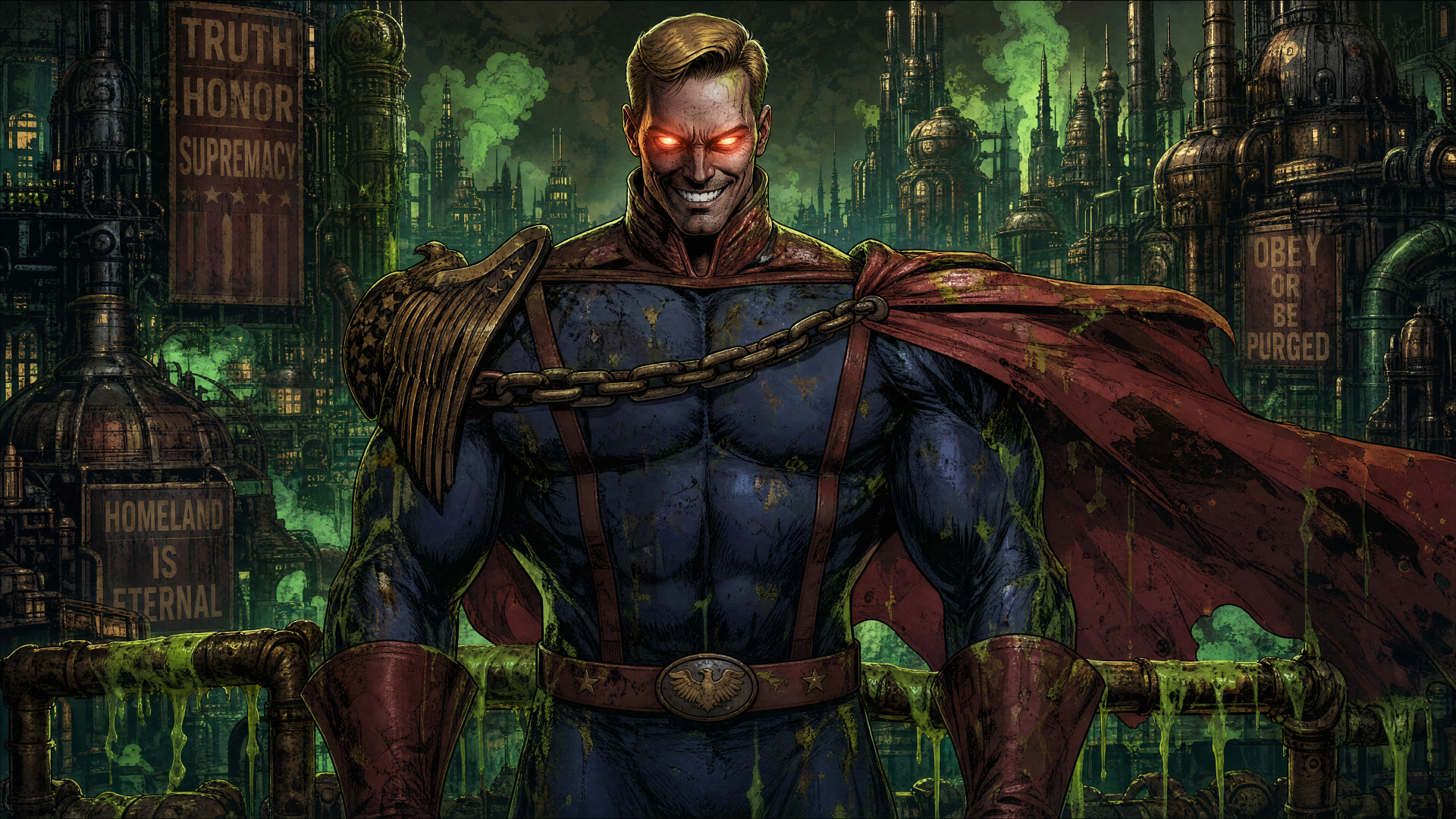 Homelander in a 4K Ultra HD PC desktop wallpaper: armored, bloodstained superhero with glowing red eyes and tattered cape, industrial toxic cityscape looming behind him.