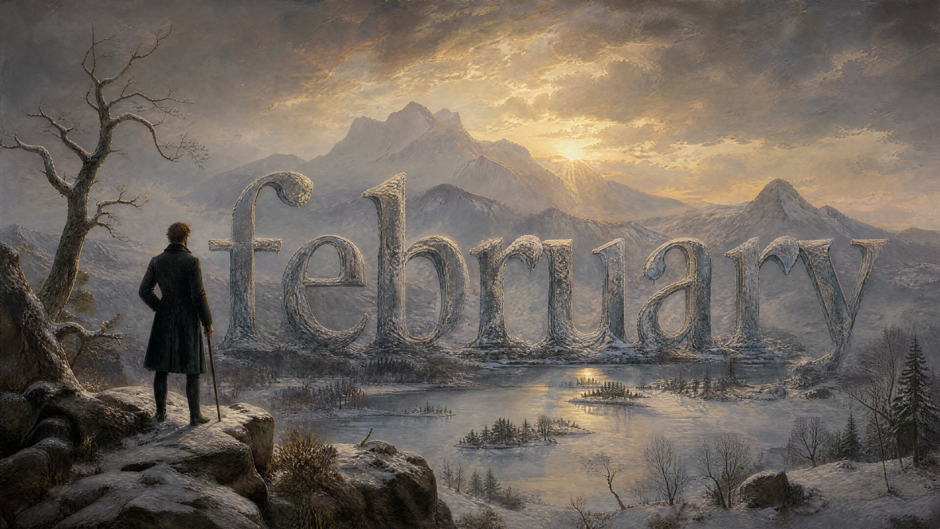 4K Ultra HD PC desktop wallpaper and background: wintry mountain February scene with giant stone February letters, lone figure on a cliff overlooking a frozen lake beneath a golden dusk sky.