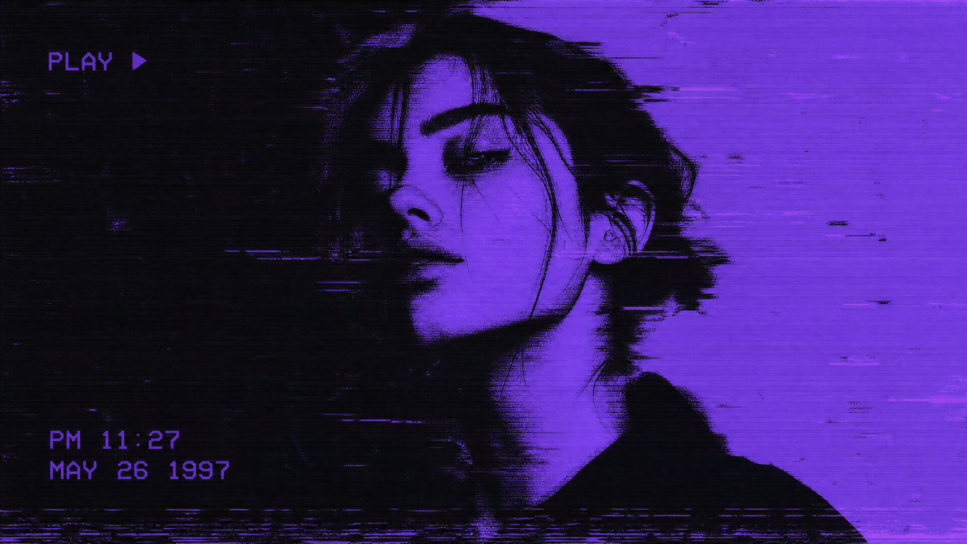 Dual-tone purple-and-black glitch portrait of a young person with VHS timestamp; moody 4K Ultra HD PC desktop wallpaper and background.