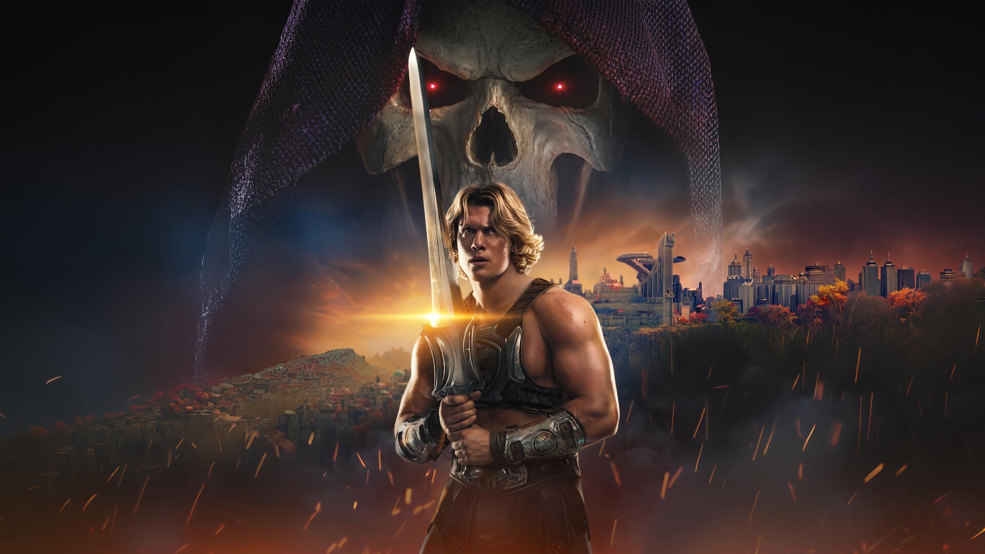 He-Man holding the Power Sword before a burning city with Skeletor's skull looming above — Masters of the Universe (2026) 5K Ultra HD PC desktop wallpaper/background.